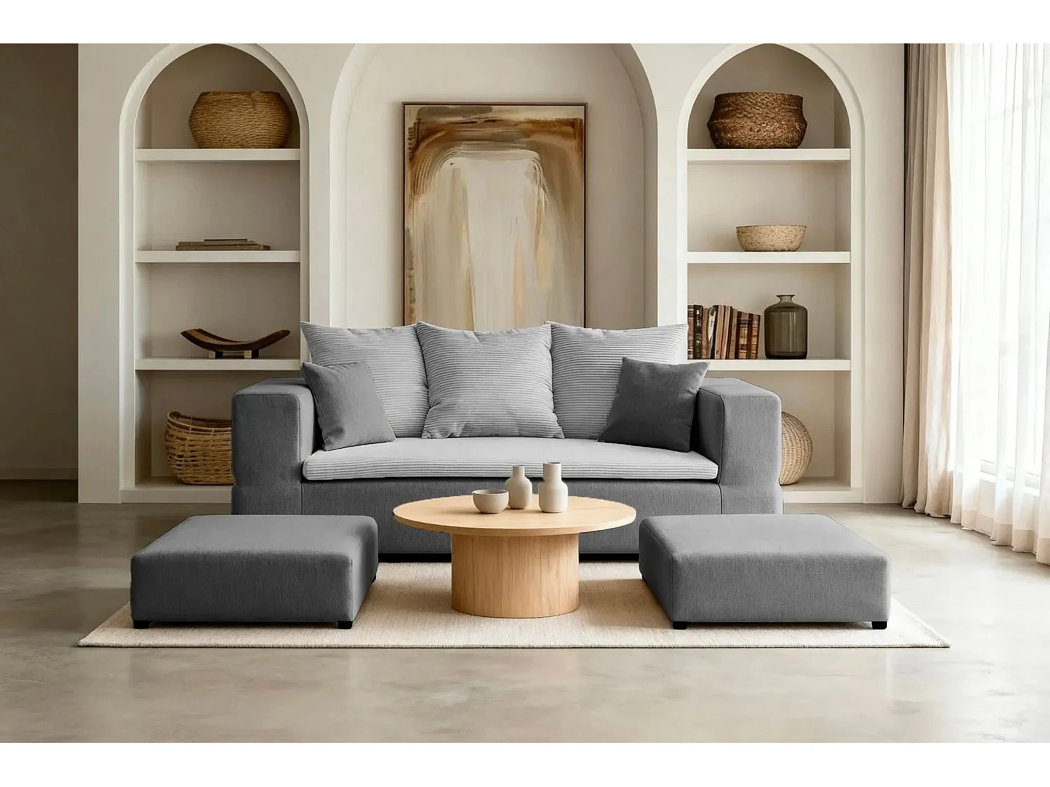 AMBRE - Canapé droit convertible bi matière avec deux poufs 4 places - Gris