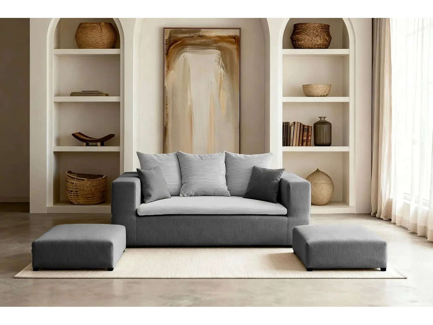 AMBRE - Canapé droit convertible bi matière avec deux poufs 4 places - Gris