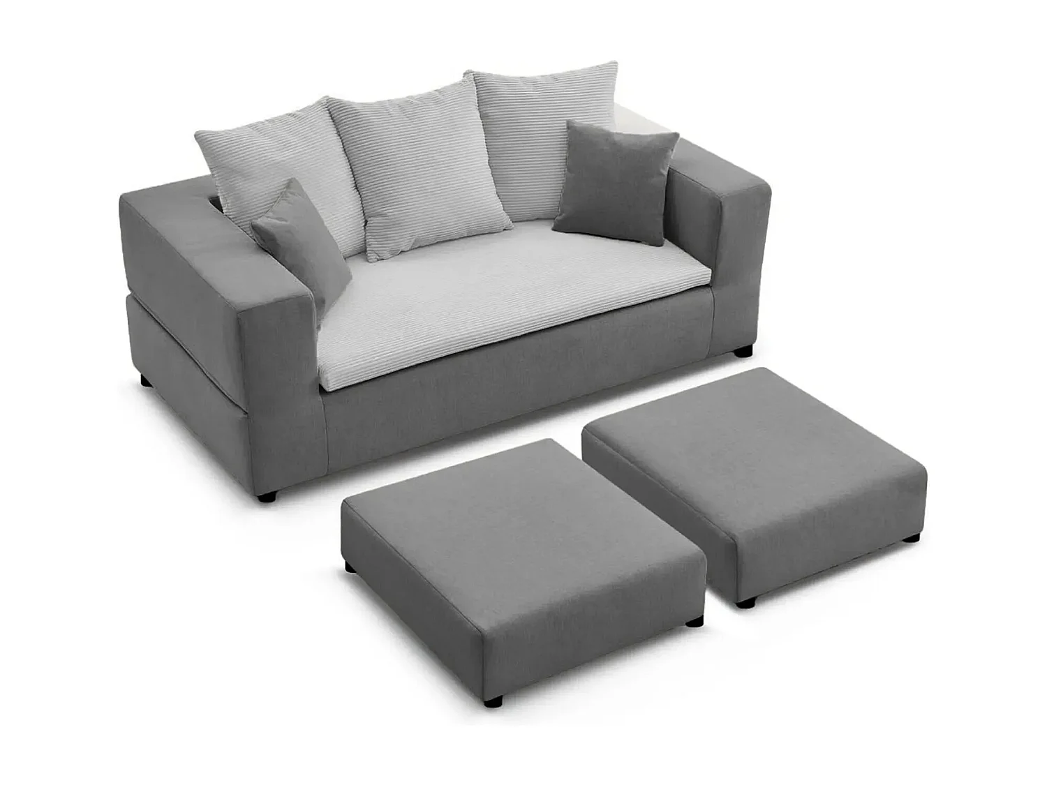 AMBRE - Canapé droit convertible bi matière avec deux poufs 4 places - Gris