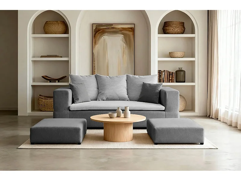 AMBRE - Canapé droit convertible bi matière avec deux poufs 4 places - Gris