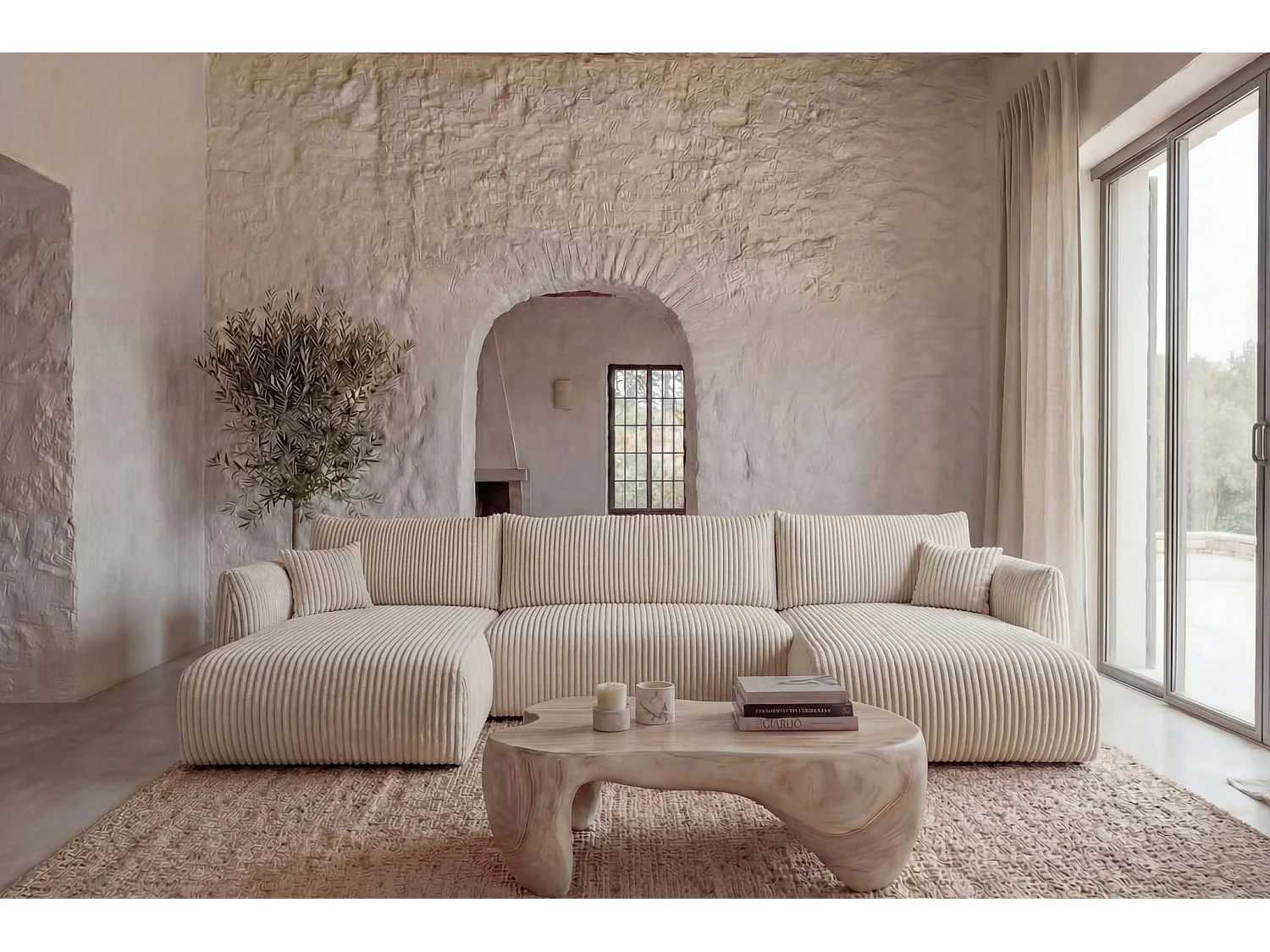 ELIO - Canapé panoramique convertible gros velours côtelé 5 places - Beige