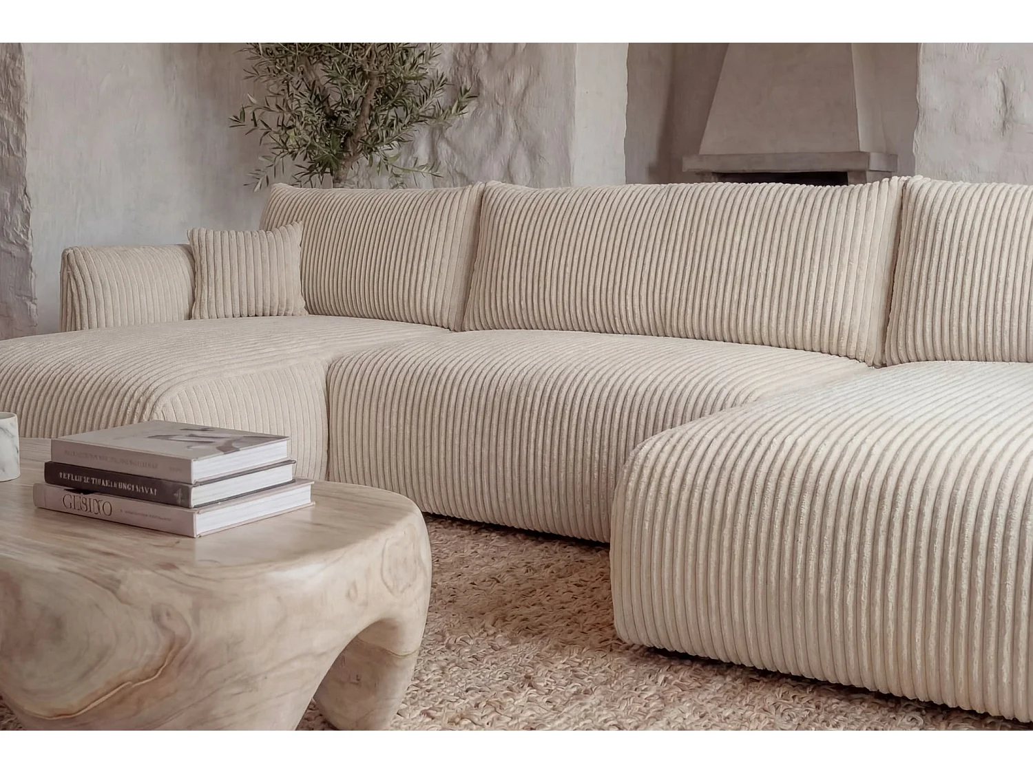 ELIO - Canapé panoramique convertible gros velours côtelé 5 places - Beige