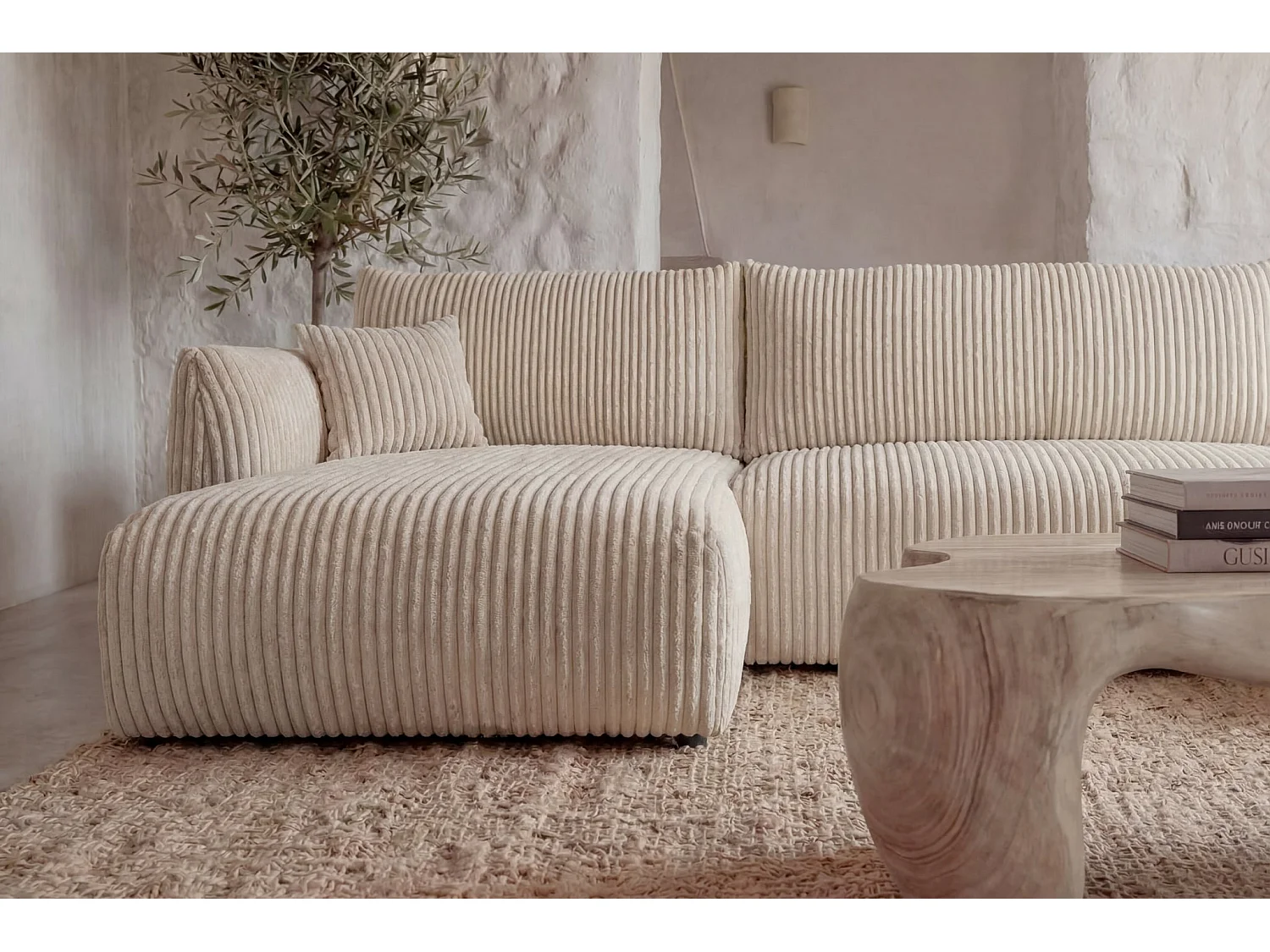 ELIO - Canapé panoramique convertible gros velours côtelé 5 places - Beige