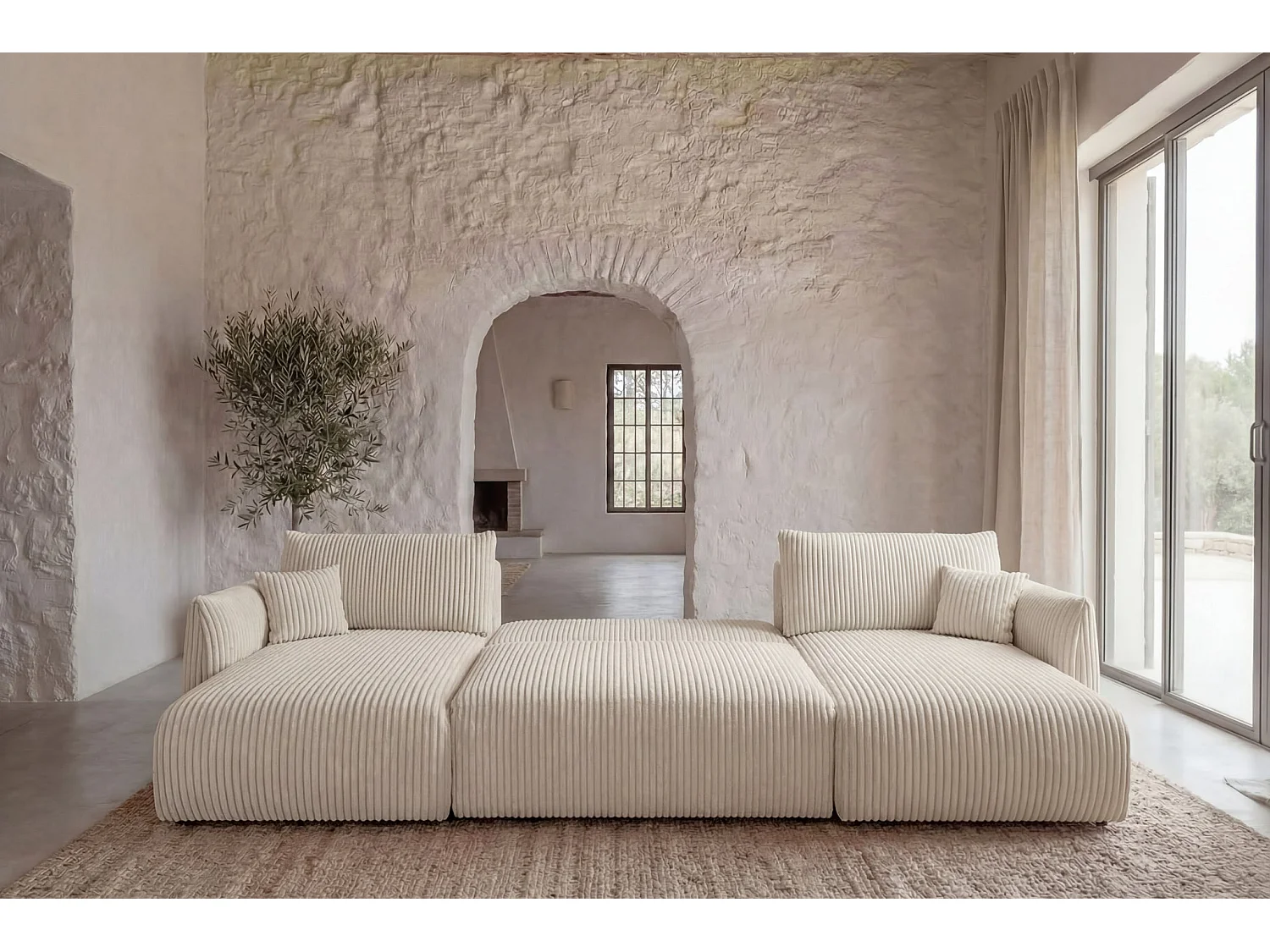 ELIO - Canapé panoramique convertible gros velours côtelé 5 places - Beige