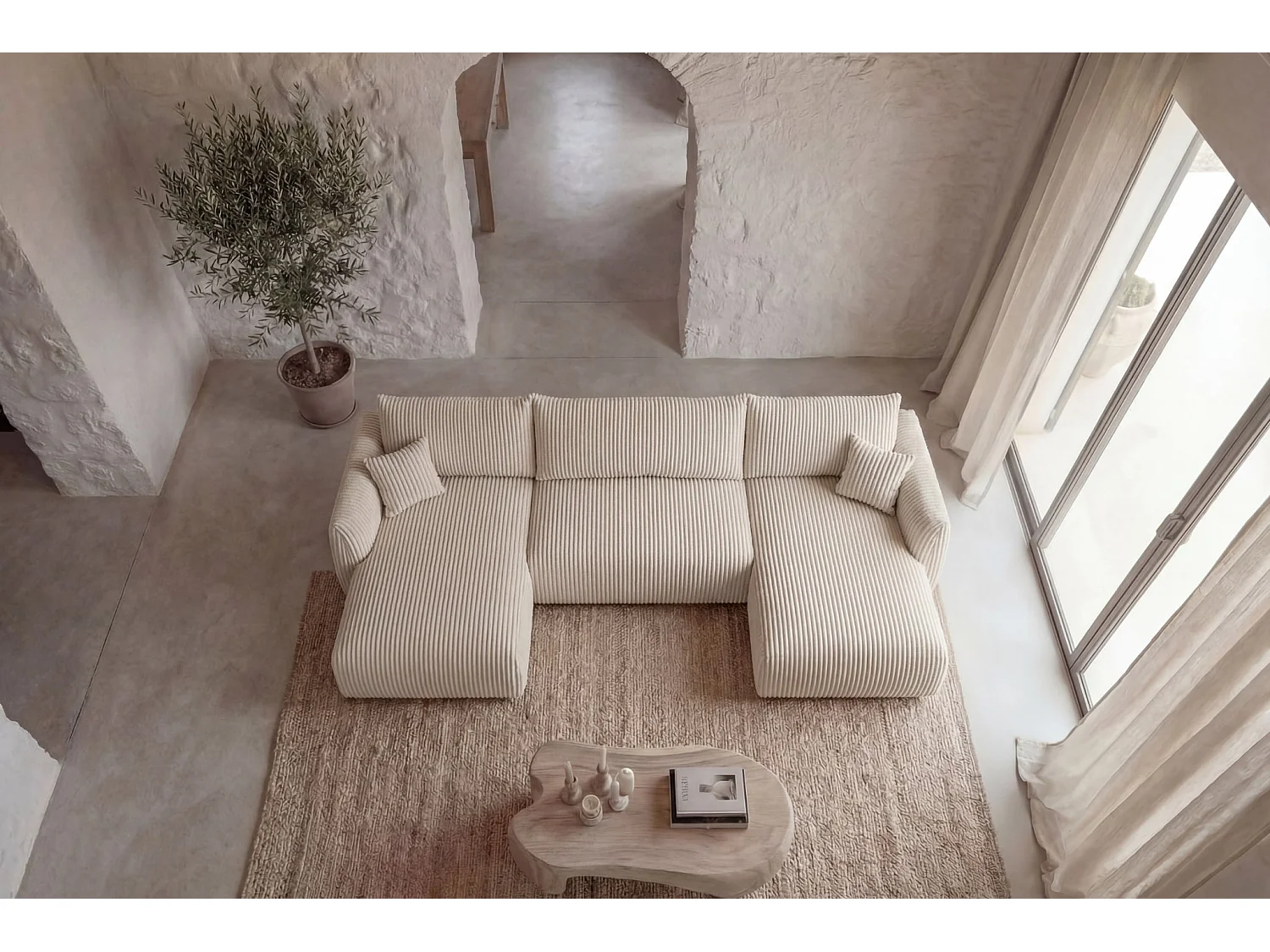 ELIO - Canapé panoramique convertible gros velours côtelé 5 places - Beige