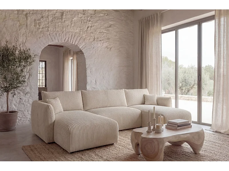 ELIO - Canapé panoramique convertible gros velours côtelé 5 places - Beige