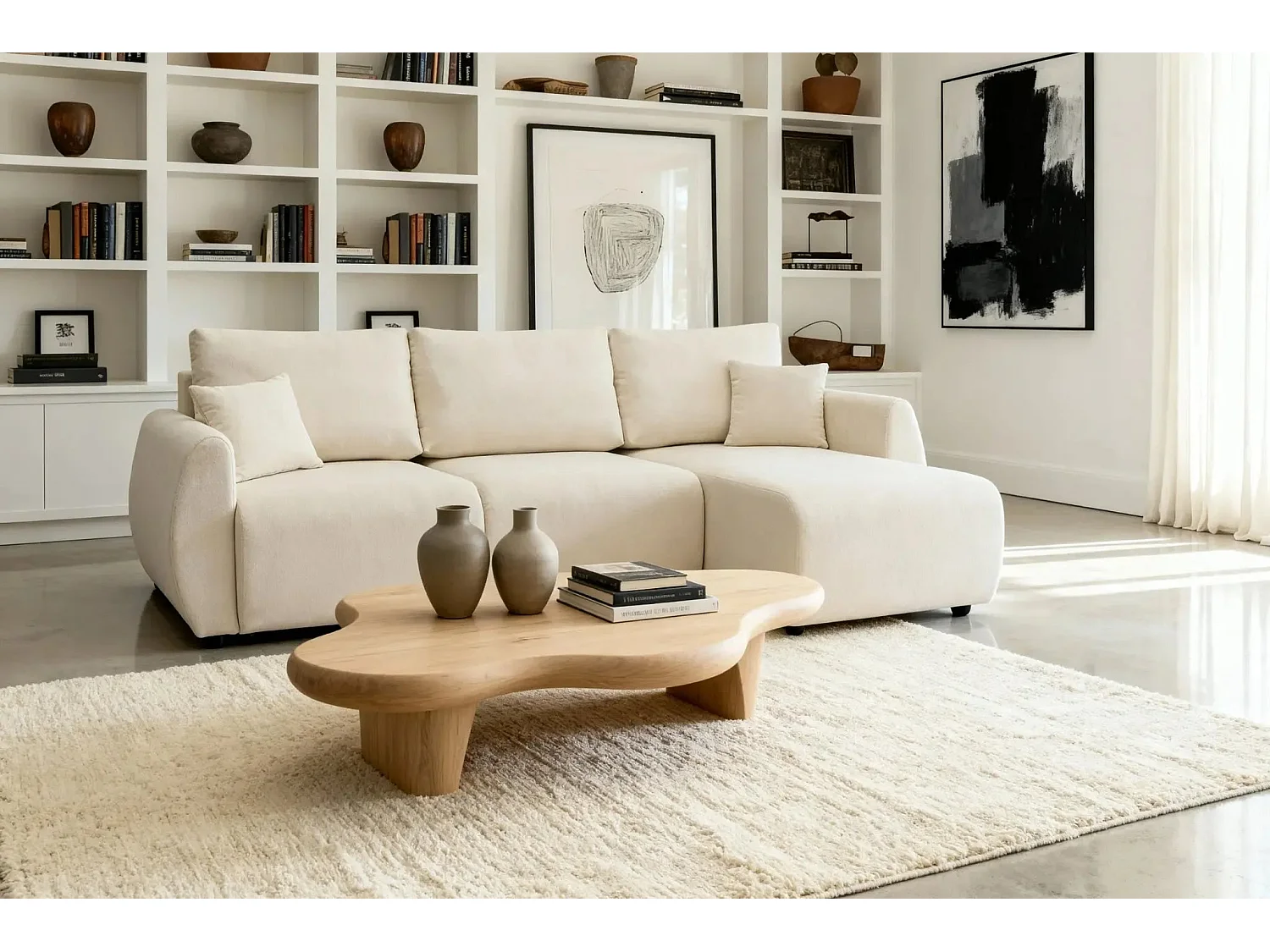 HERA - Canapé d'angle convertible tissu doux 3 places - Beige