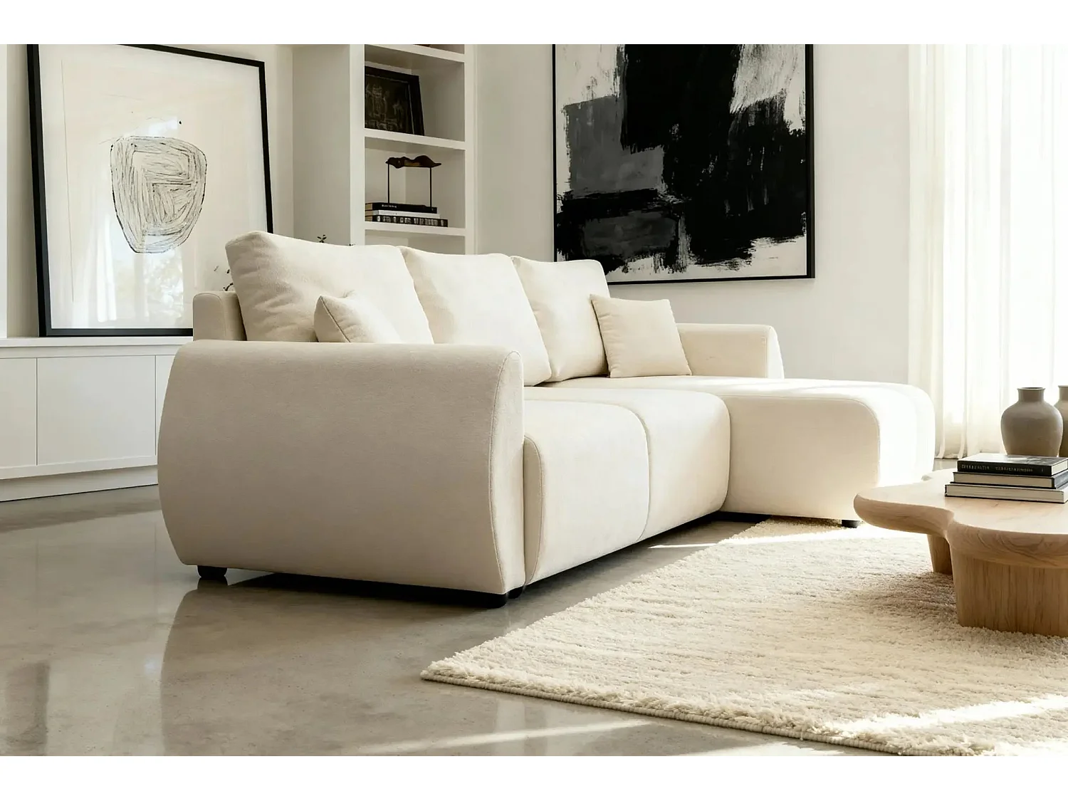 HERA - Canapé d'angle convertible tissu doux 3 places - Beige