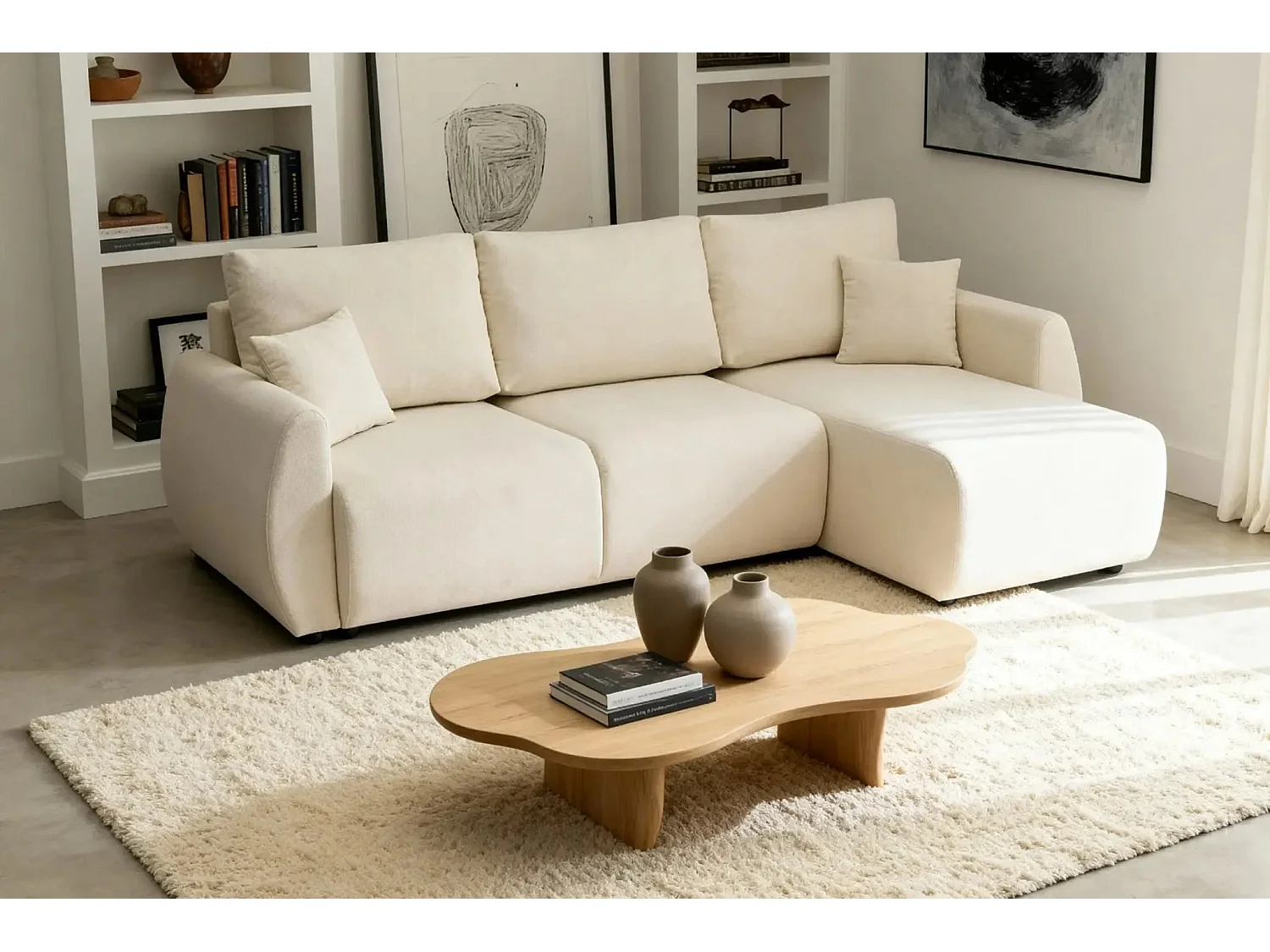 HERA - Canapé d'angle convertible tissu doux 3 places - Beige