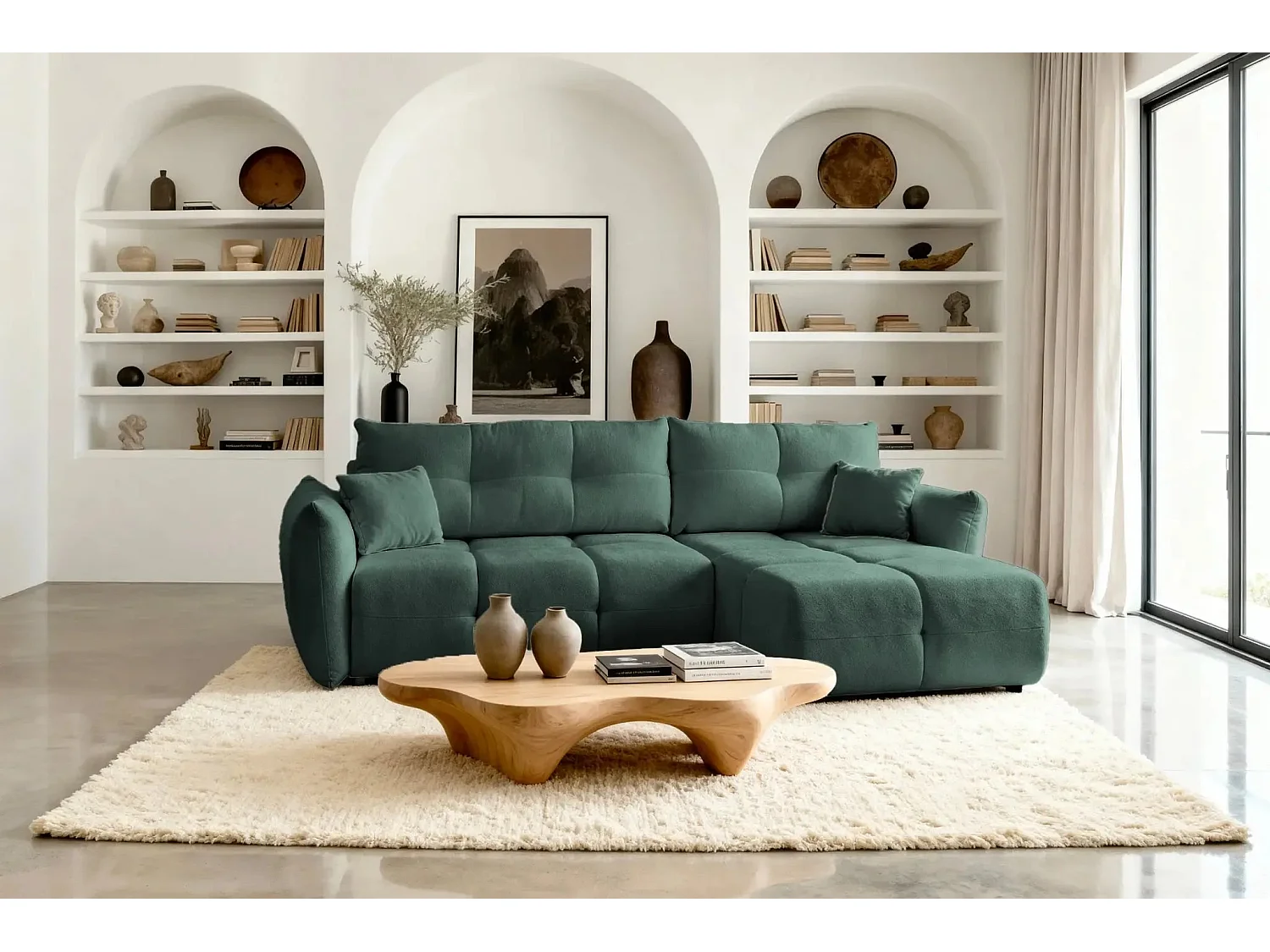 JUNE - Canapé d'angle convertible tissu bouclette 3 places - Vert