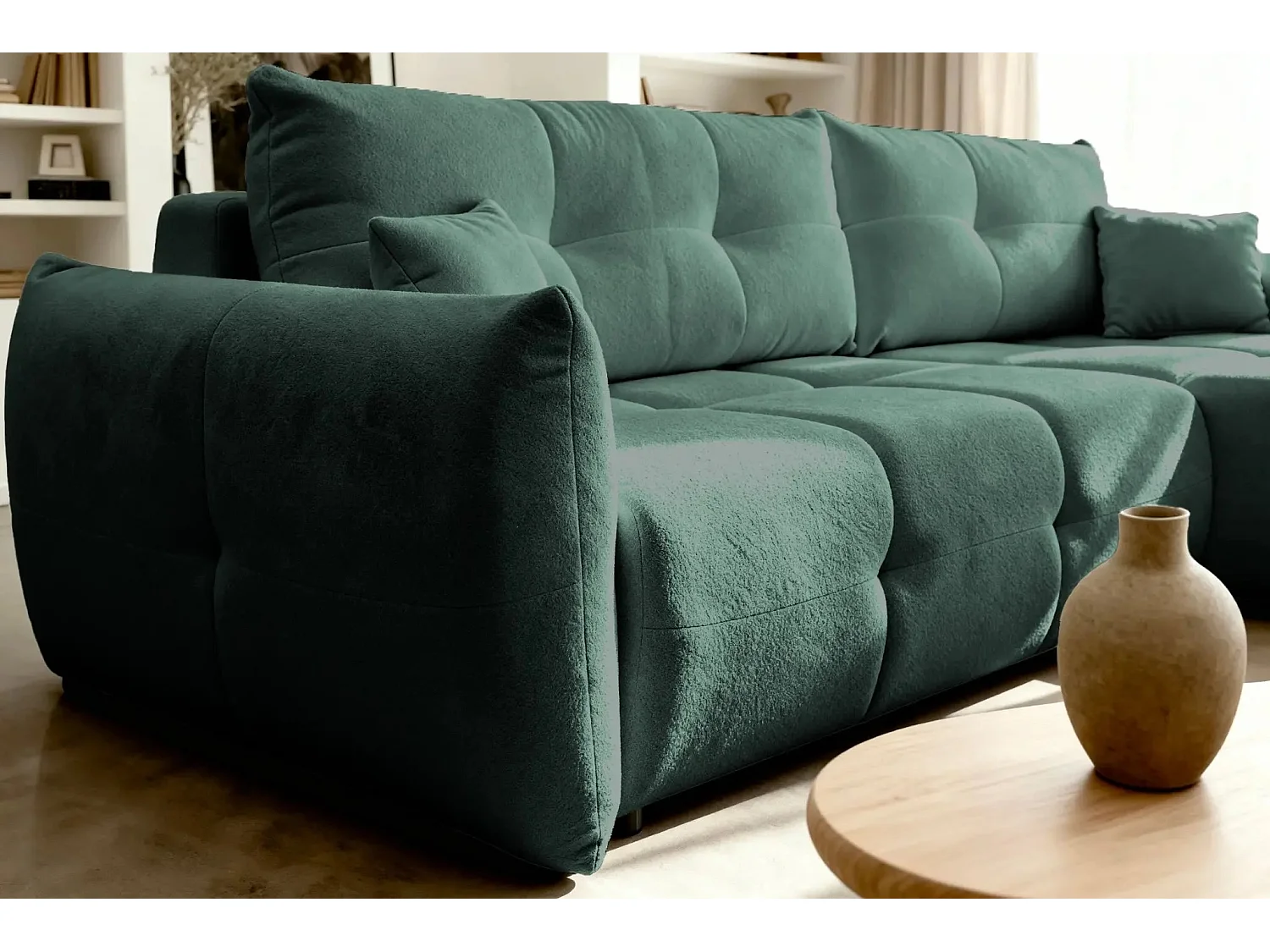 JUNE - Canapé d'angle convertible tissu bouclette 3 places - Vert