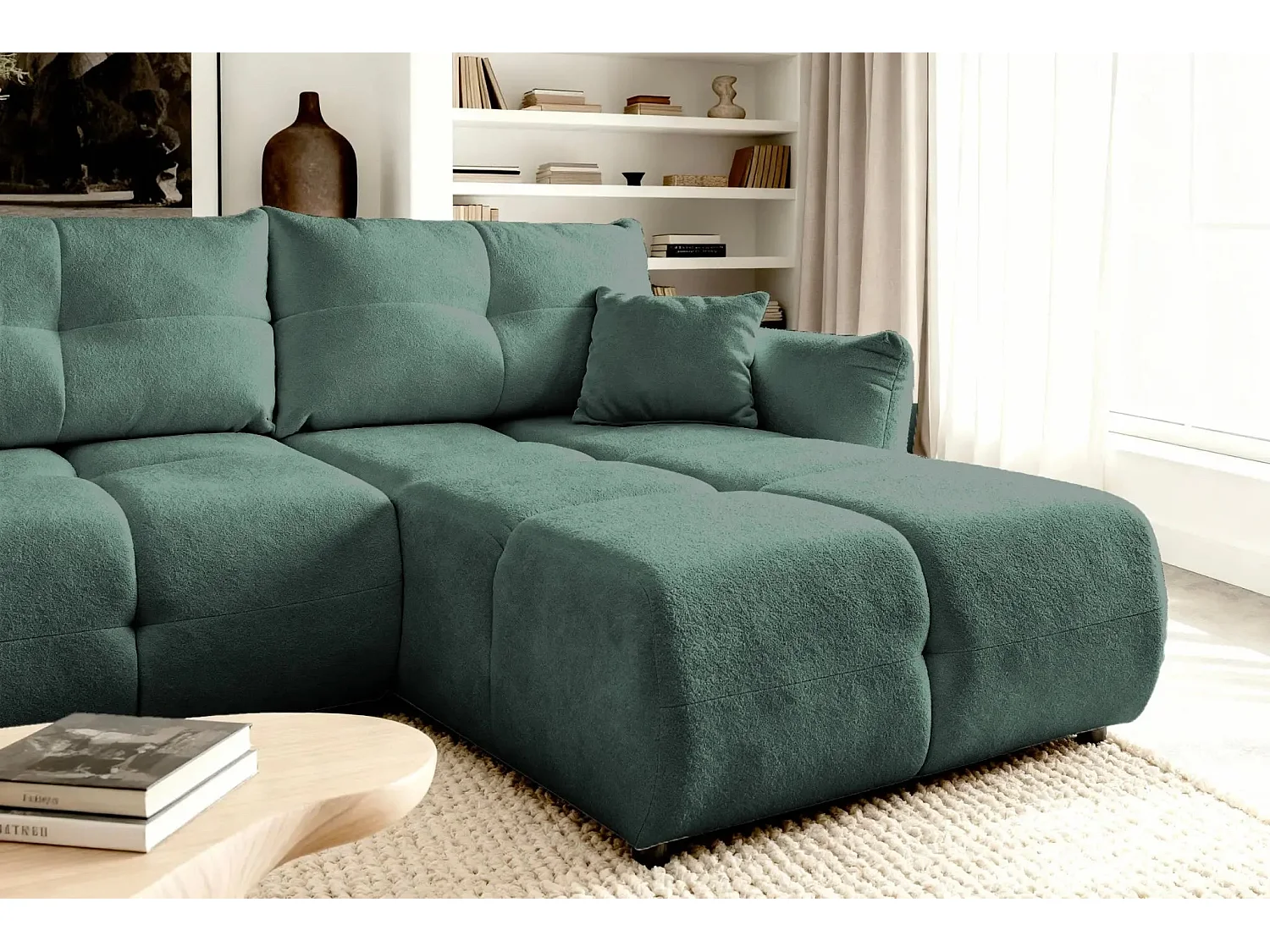 JUNE - Canapé d'angle convertible tissu bouclette 3 places - Vert