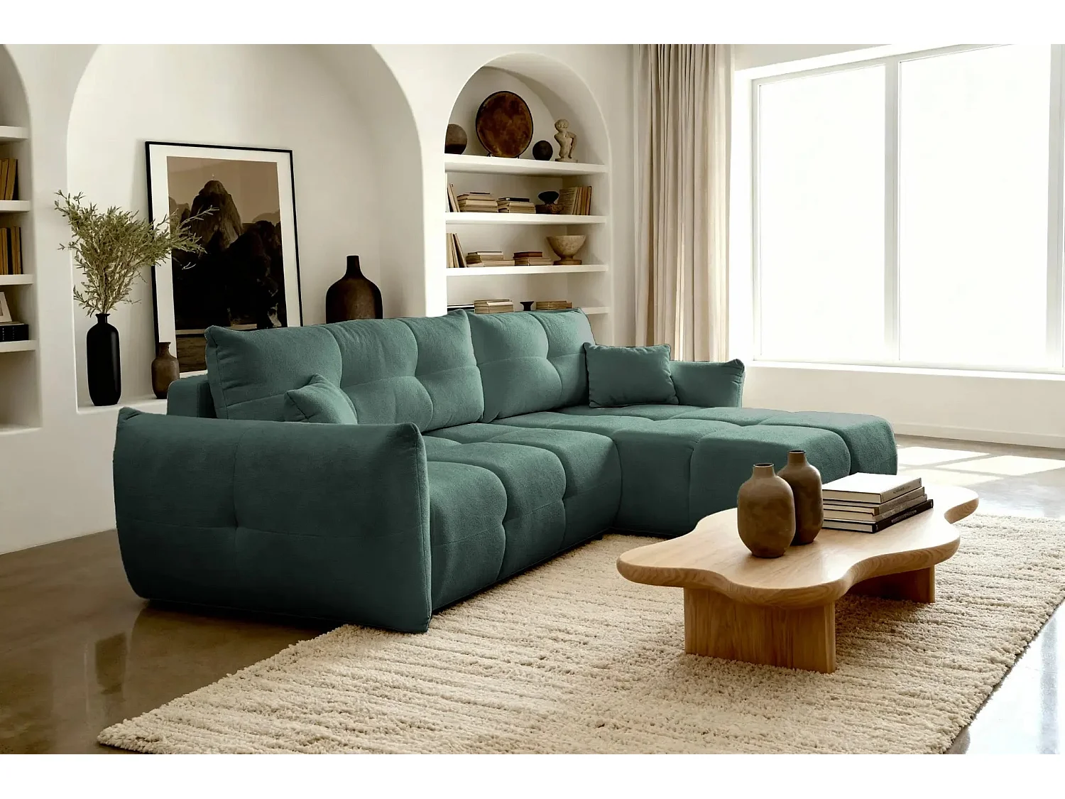 JUNE - Canapé d'angle convertible tissu bouclette 3 places - Vert