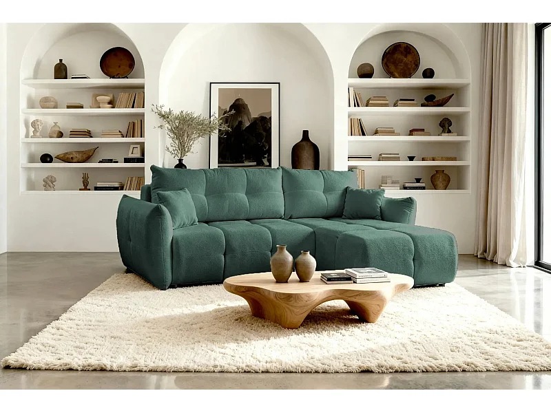 JUNE - Canapé d'angle convertible tissu bouclette 3 places - Vert