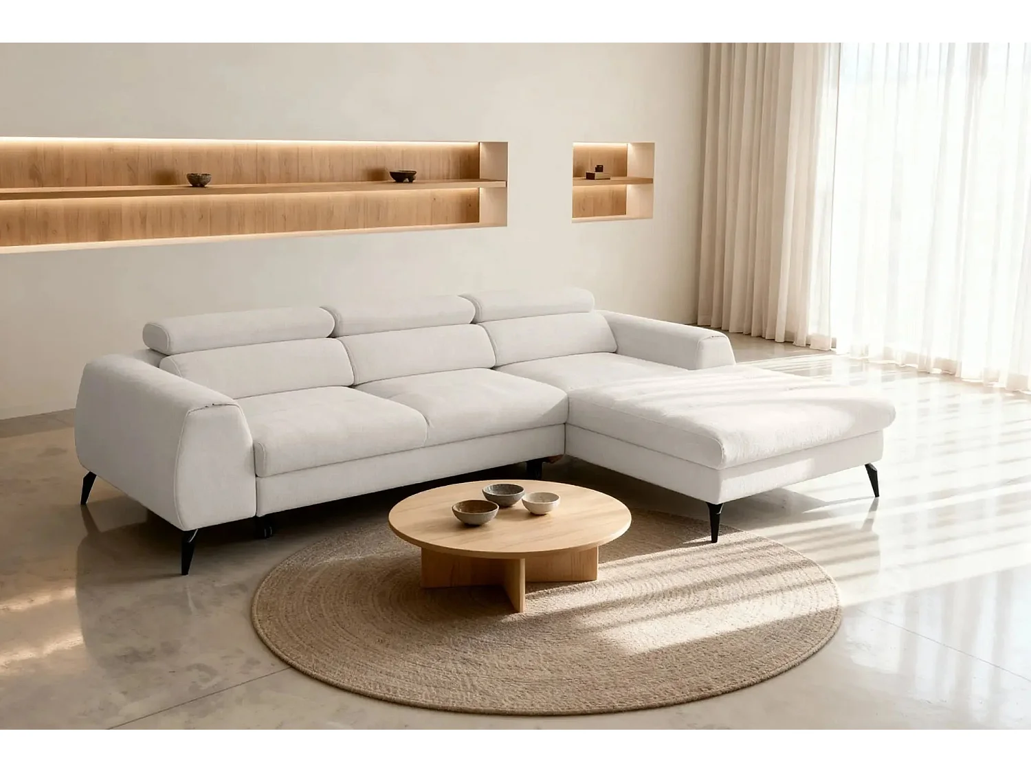 CLOVIS - Canapé d'angle convertible tissu chiné 4 places - Blanc - Gauche