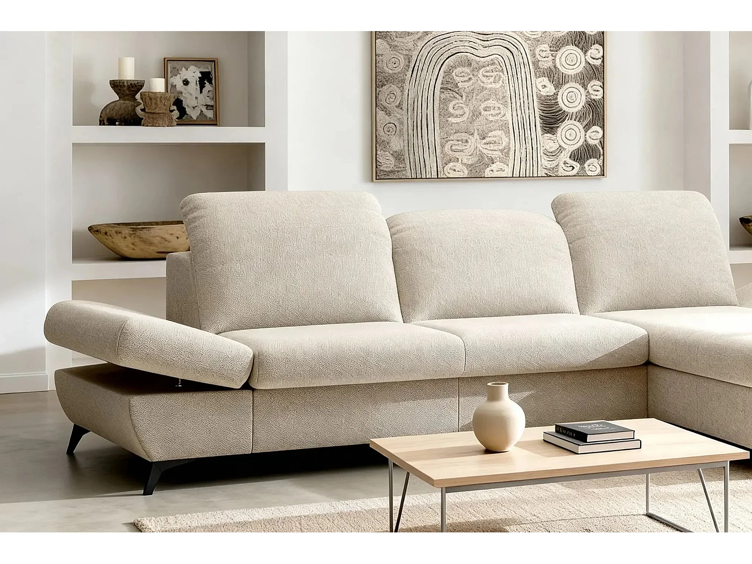 LIVIA - Canapé d'angle convertible tissu chiné 4 places - Beige - Gauche