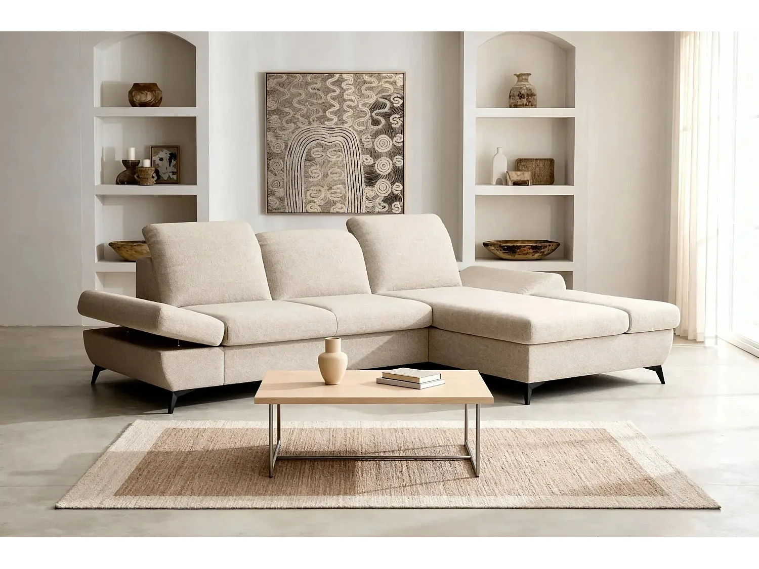 LIVIA - Canapé d'angle convertible tissu chiné 4 places - Beige - Gauche