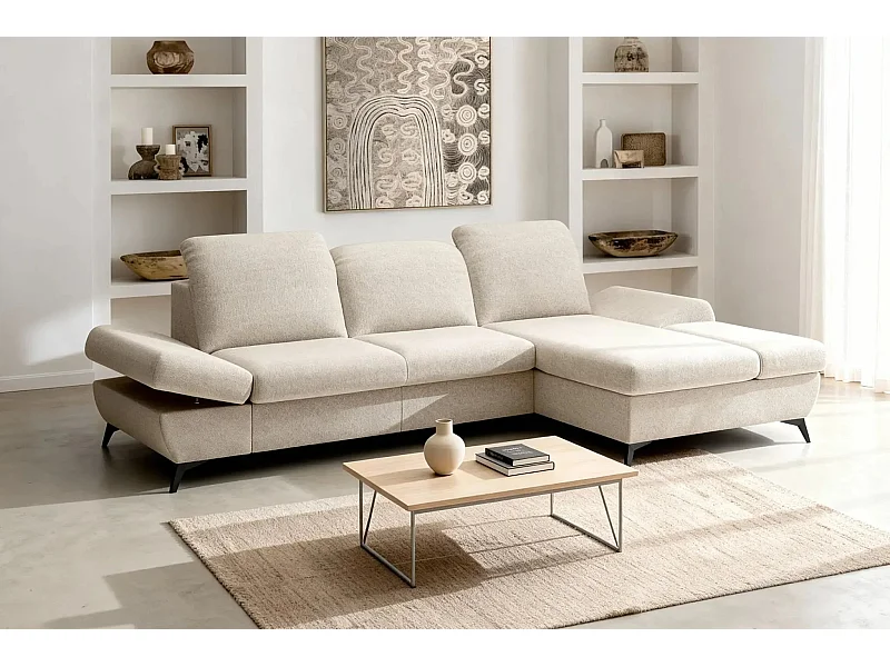 LIVIA - Canapé d'angle convertible tissu chiné 4 places - Beige - Gauche