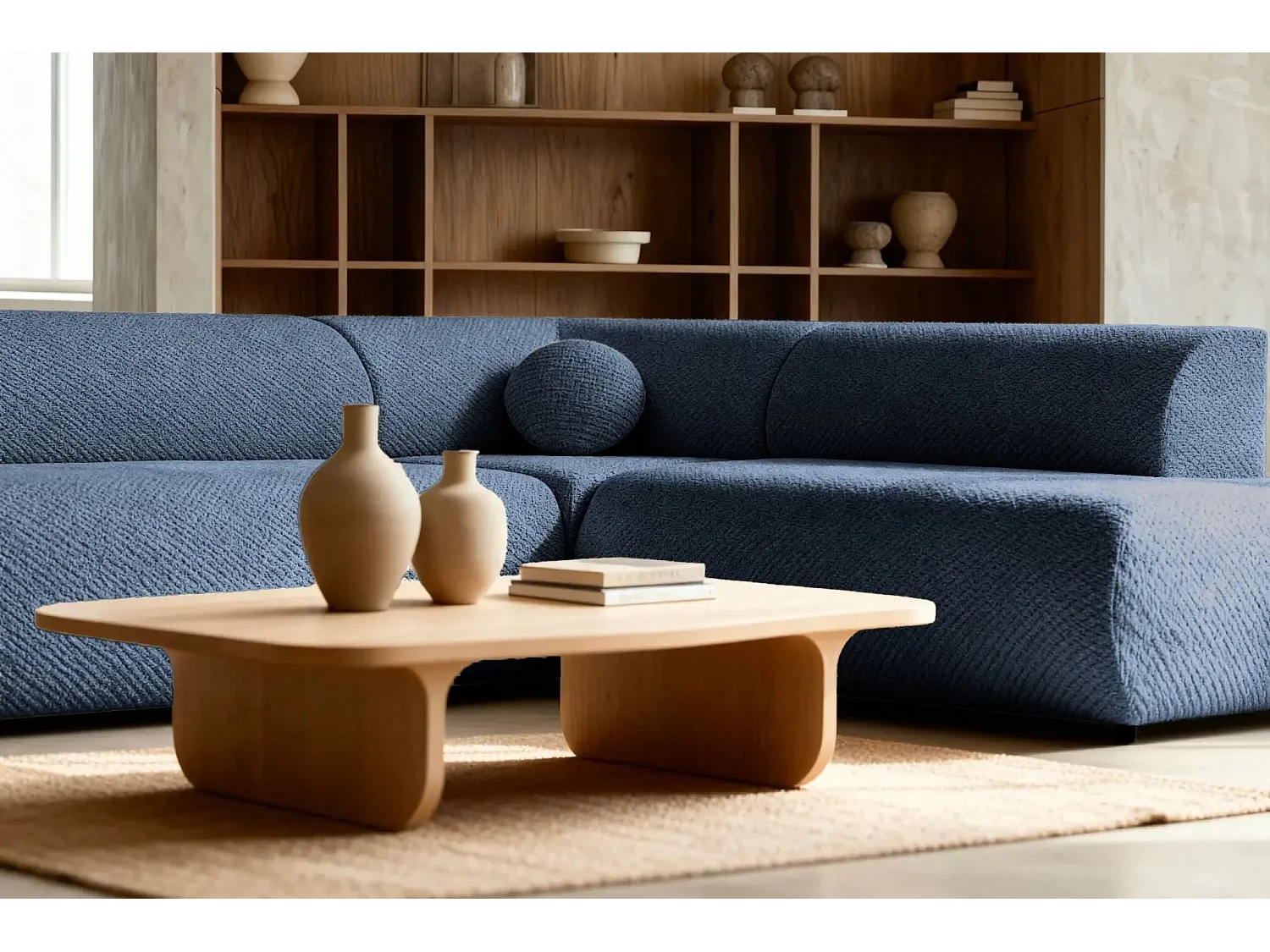 LEVI - Canapé panoramique convertible tissu lisse 5 places - Bleu - Gauche