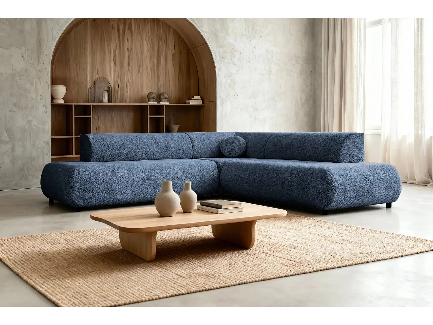 LEVI - Canapé panoramique convertible tissu lisse 5 places - Bleu - Gauche