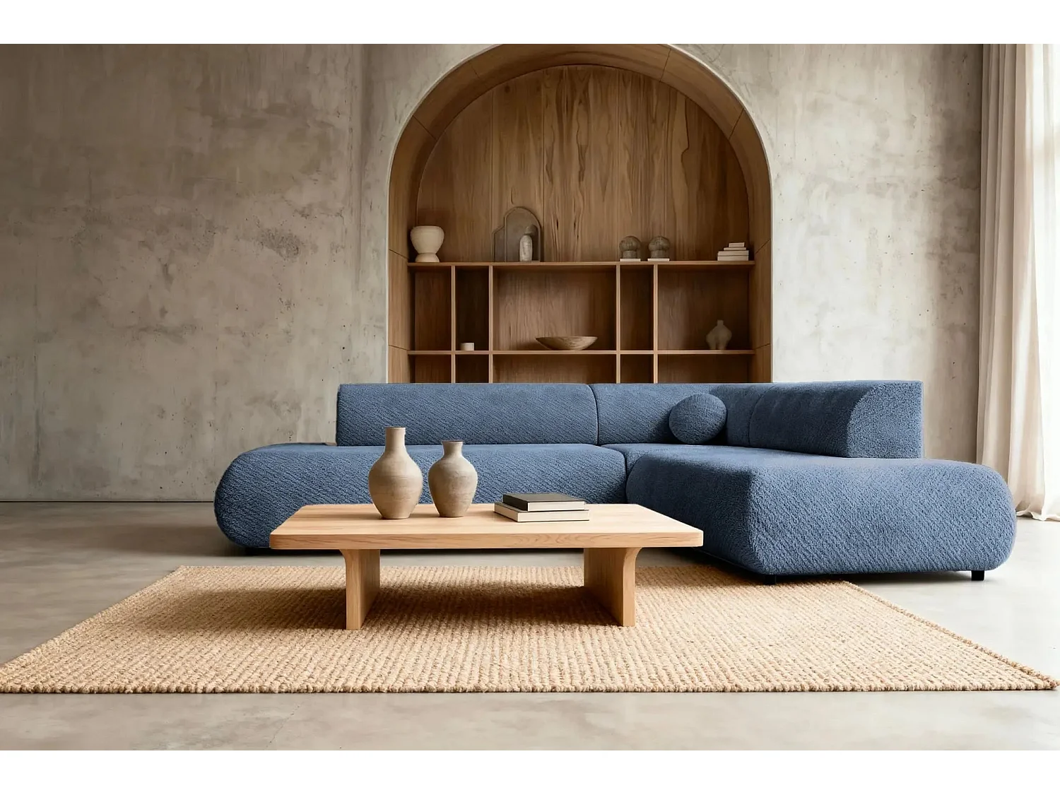 LEVI - Canapé panoramique convertible tissu lisse 5 places - Bleu - Gauche