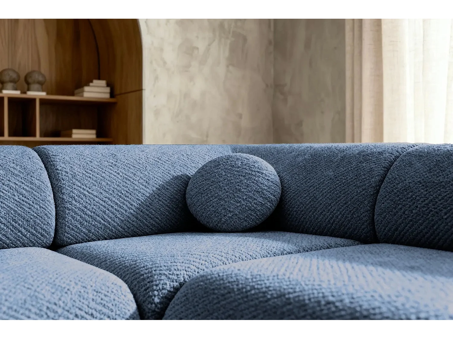 LEVI - Canapé panoramique convertible tissu lisse 5 places - Bleu - Gauche