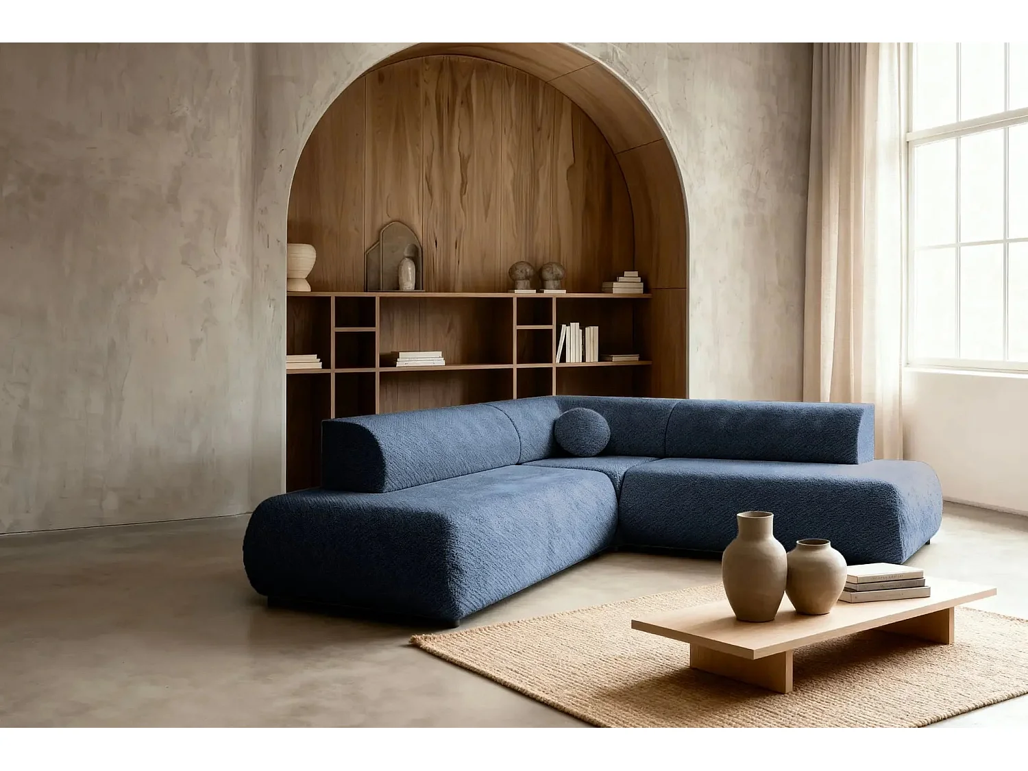 LEVI - Canapé panoramique convertible tissu lisse 5 places - Bleu - Gauche