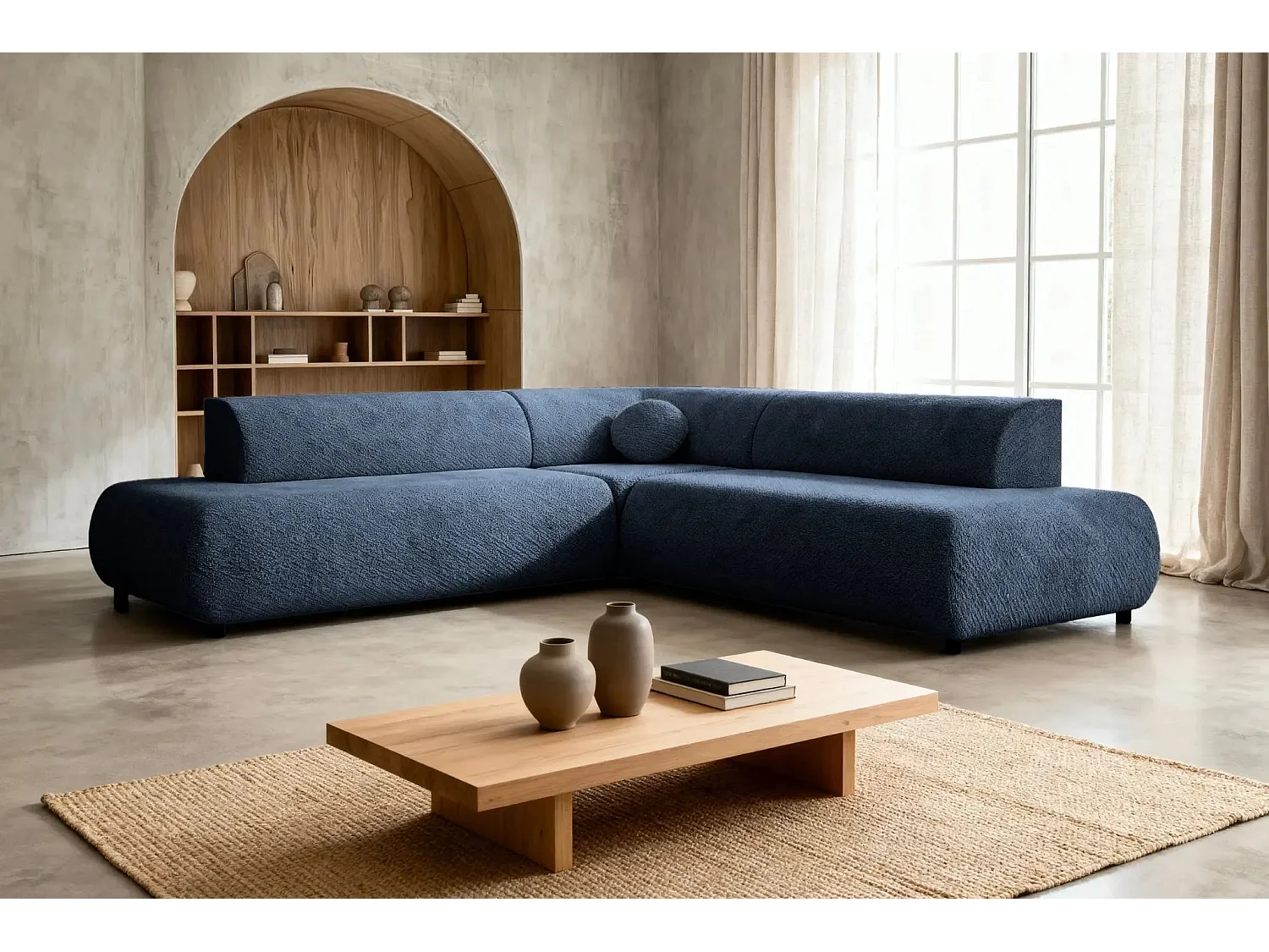 LEVI - Canapé panoramique convertible tissu lisse 5 places - Bleu - Gauche