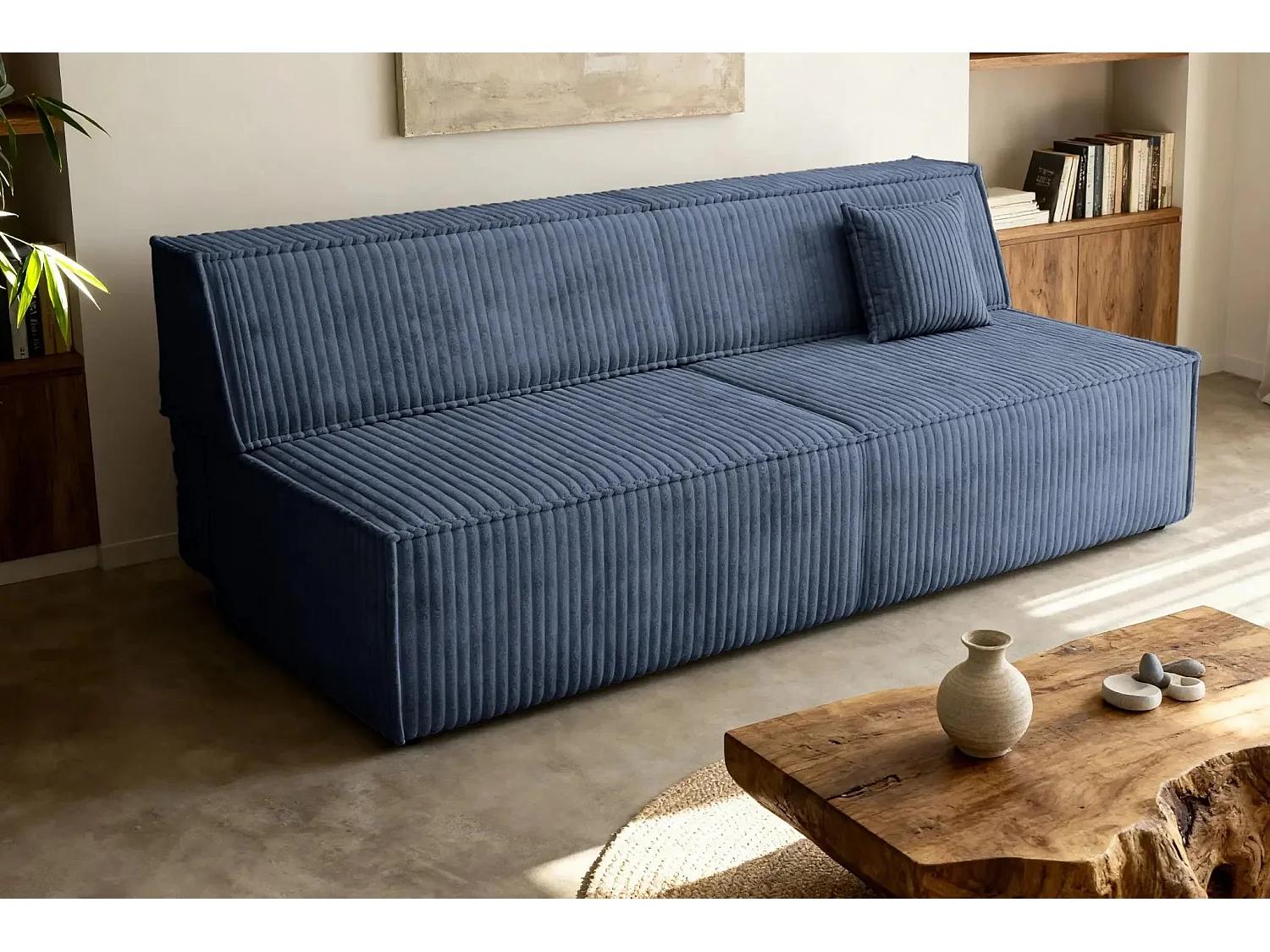BURANO - Canapé droit convertible velours côtelé 2 places - Bleu