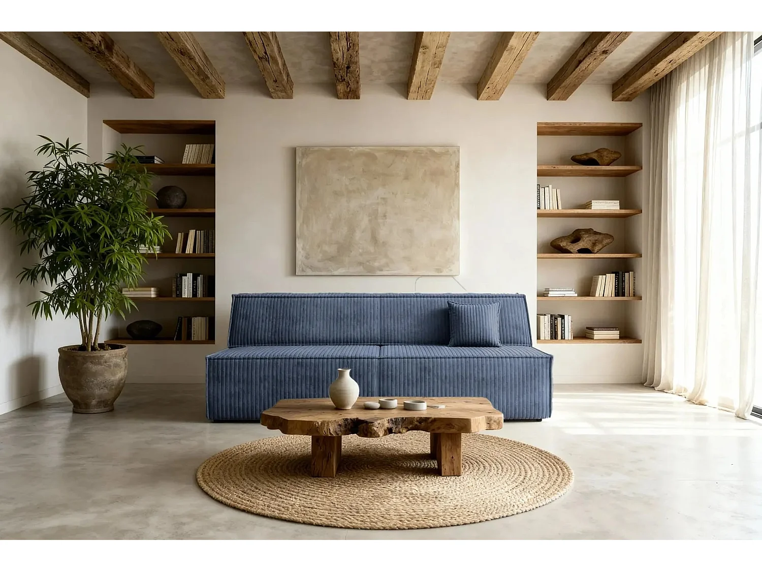 BURANO - Canapé droit convertible velours côtelé 2 places - Bleu