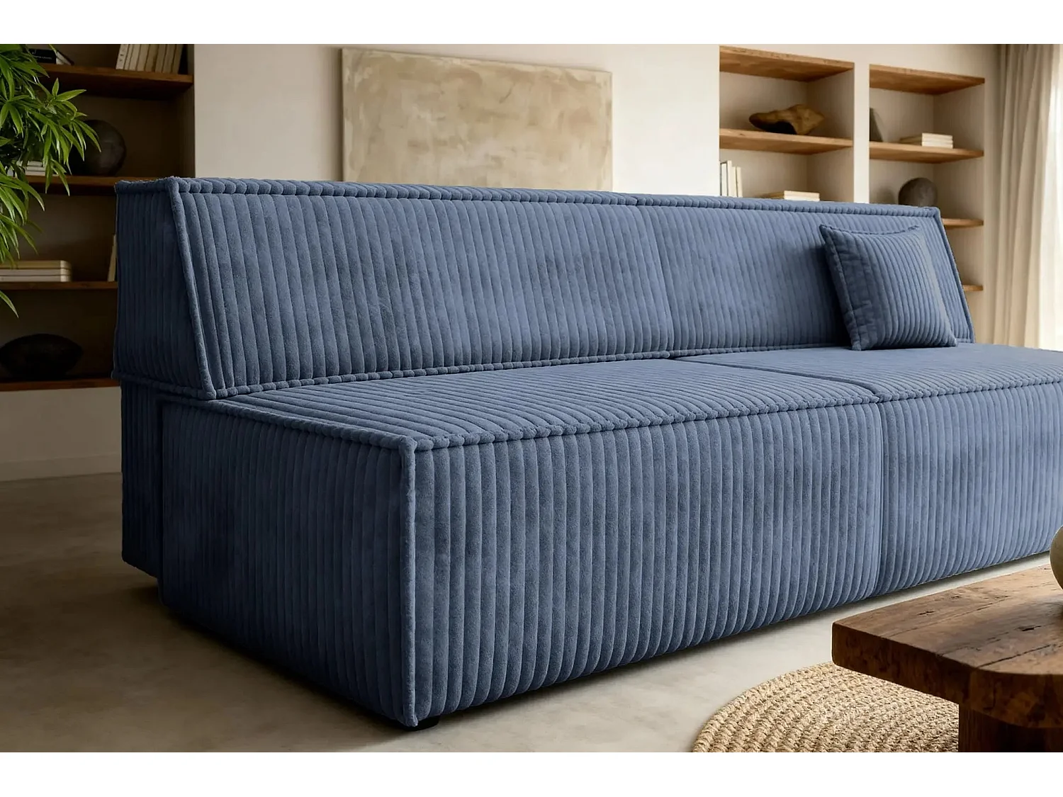 BURANO - Canapé droit convertible velours côtelé 2 places - Bleu