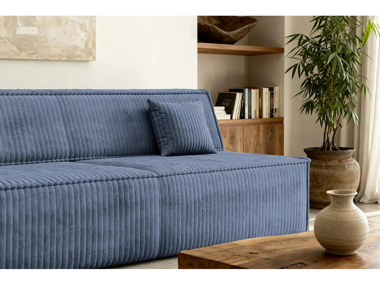 BURANO - Canapé droit convertible velours côtelé 2 places - Bleu