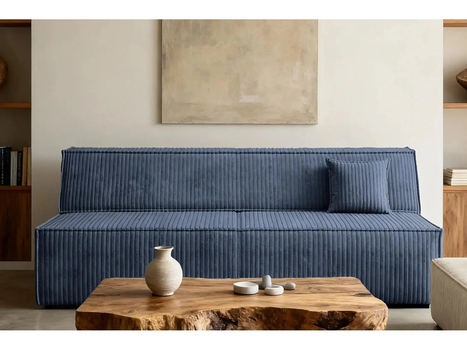 BURANO - Canapé droit convertible velours côtelé 2 places - Bleu