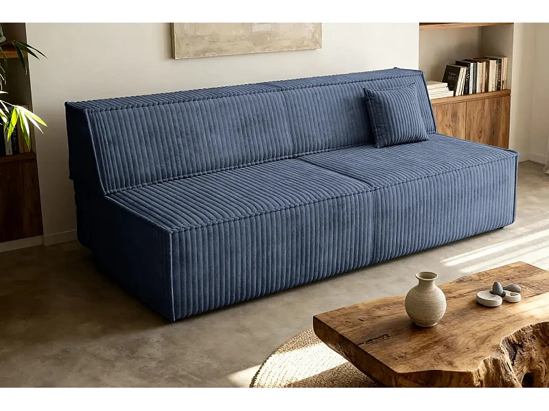 BURANO - Canapé droit convertible velours côtelé 2 places - Bleu