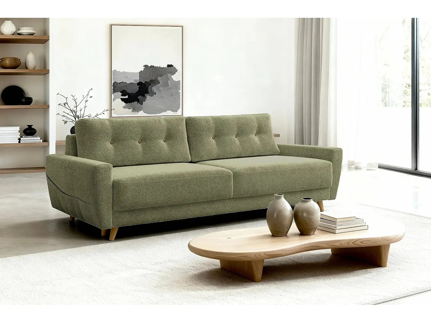 GASPARD - Canapé droit convertible tissu bouclette 3 places - Vert