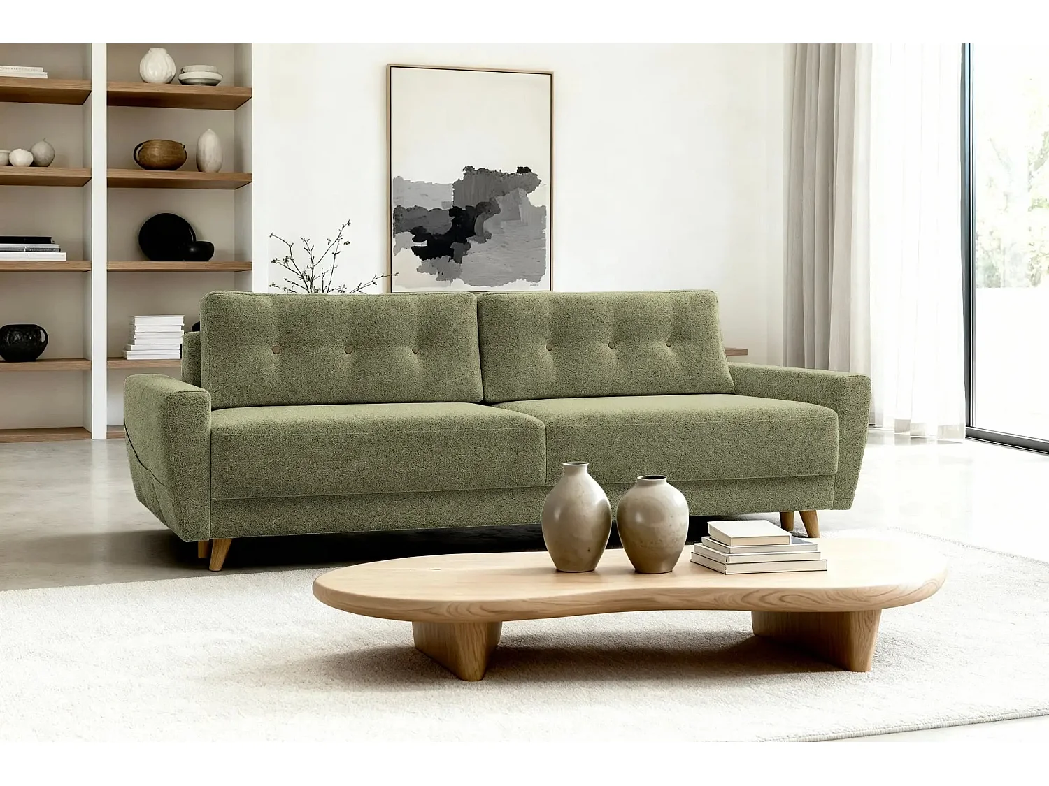 GASPARD - Canapé droit convertible tissu bouclette 3 places - Vert