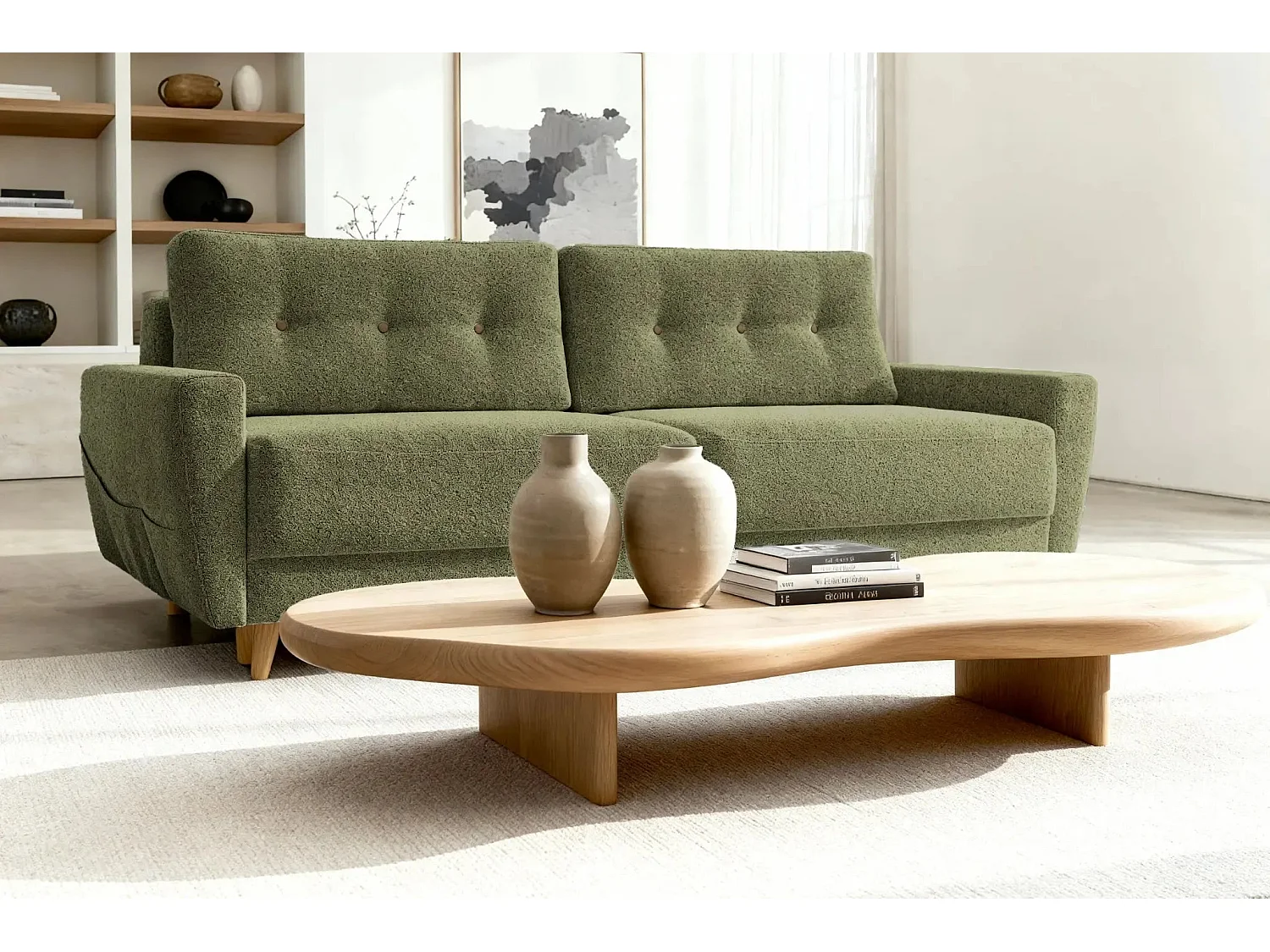 GASPARD - Canapé droit convertible tissu bouclette 3 places - Vert