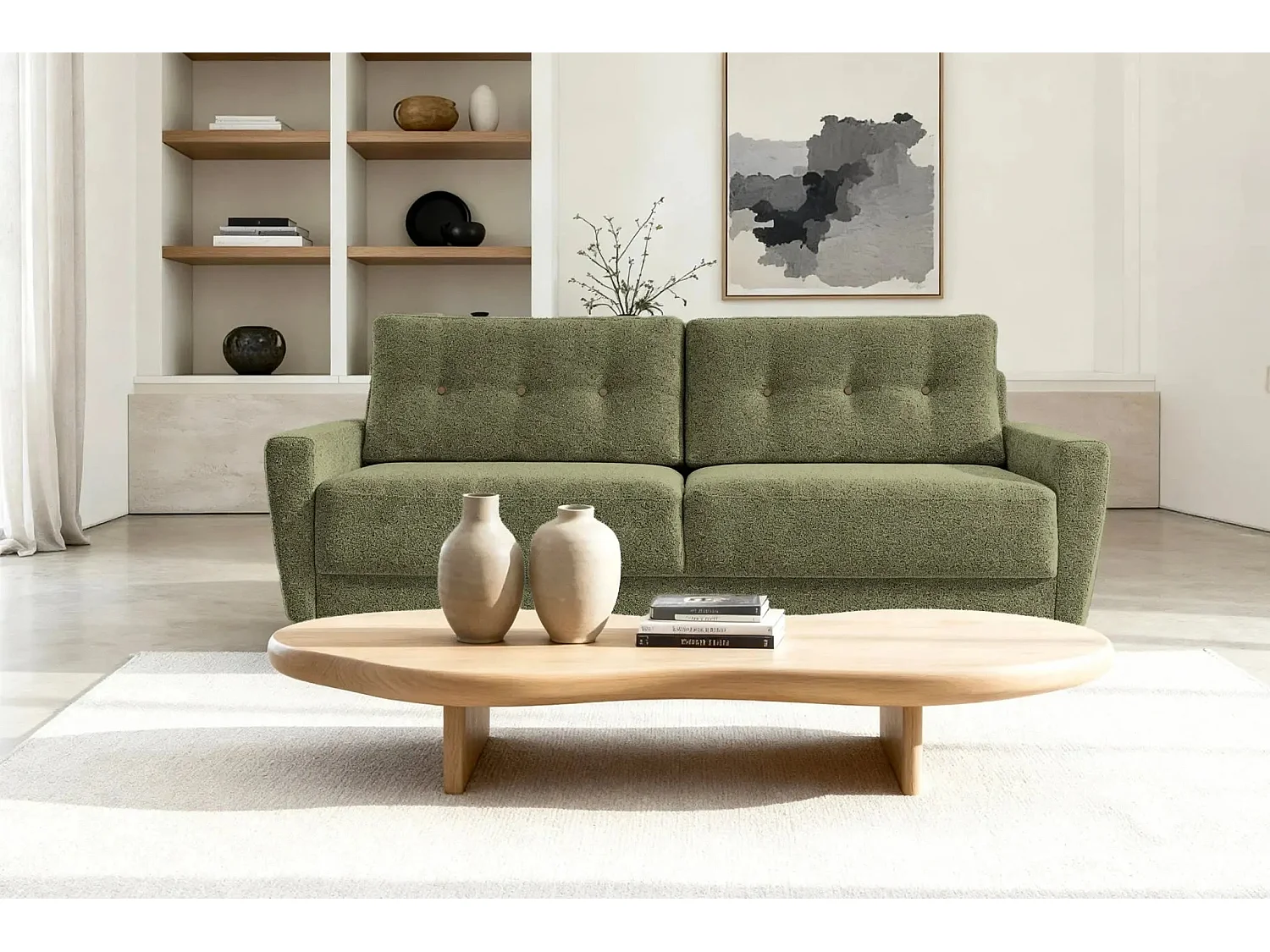 GASPARD - Canapé droit convertible tissu bouclette 3 places - Vert