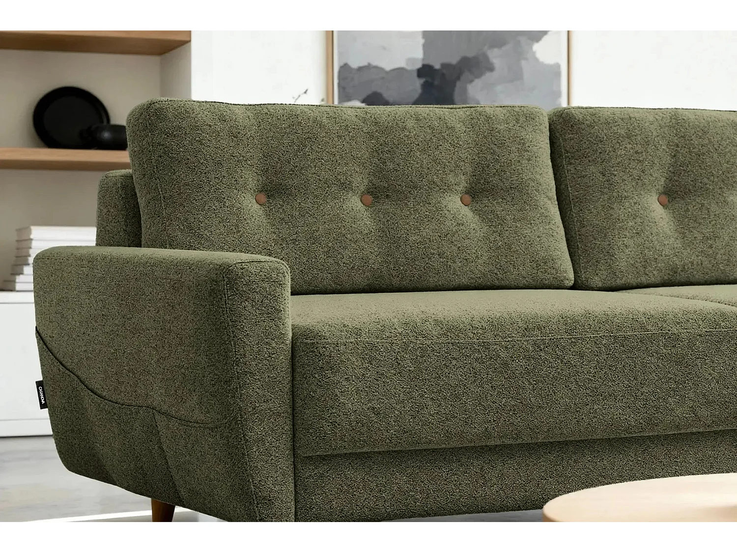 GASPARD - Canapé droit convertible tissu bouclette 3 places - Vert