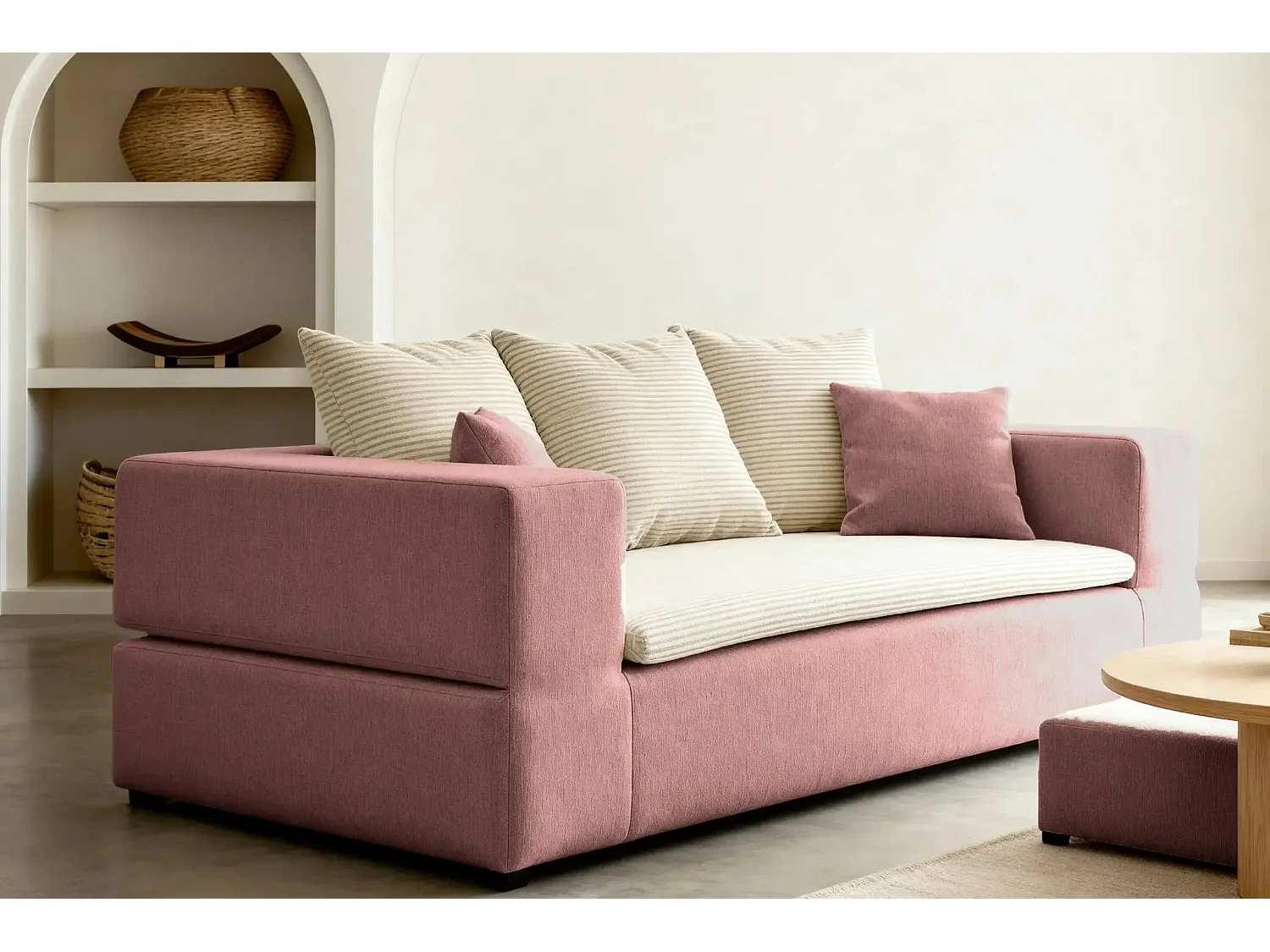 AMBRE - Canapé droit convertible bi matière avec deux poufs 4 places - Rose