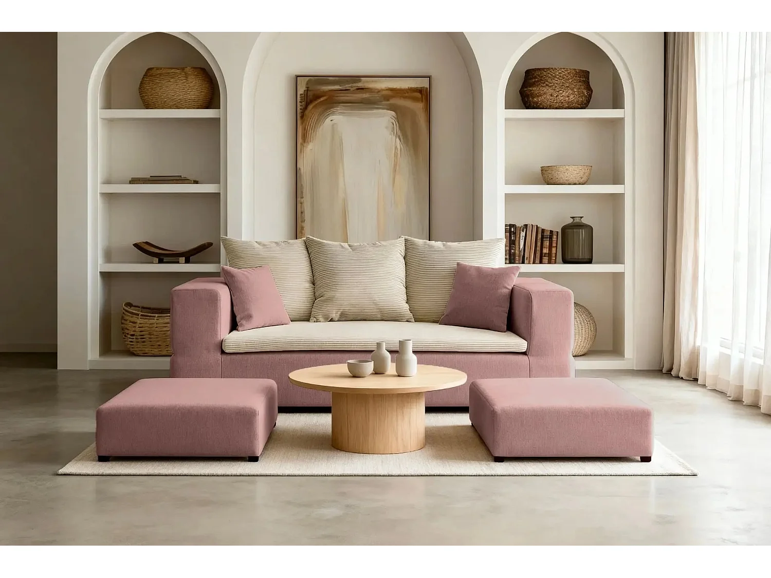 AMBRE - Canapé droit convertible bi matière avec deux poufs 4 places - Rose