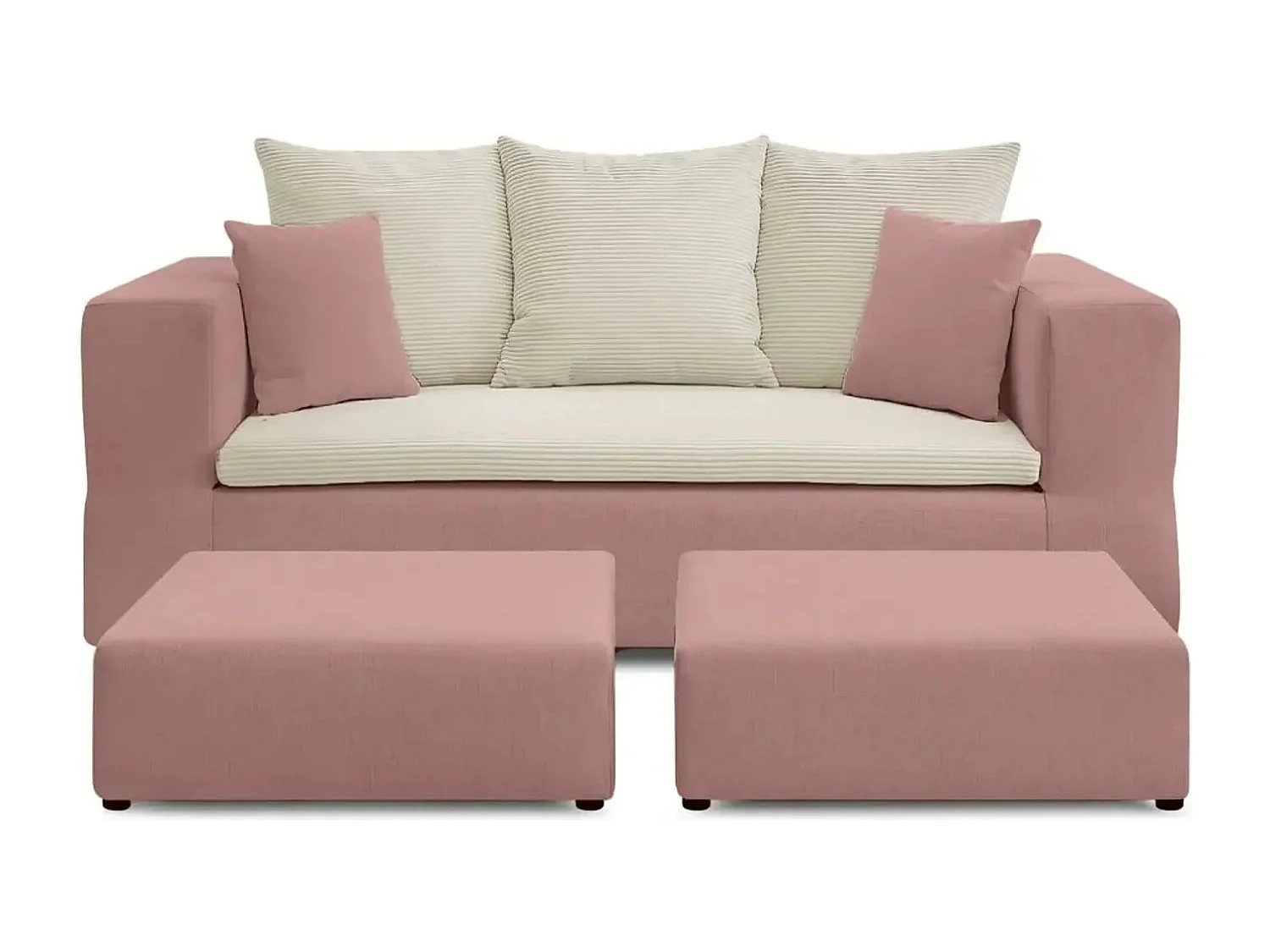 AMBRE - Canapé droit convertible bi matière avec deux poufs 4 places - Rose