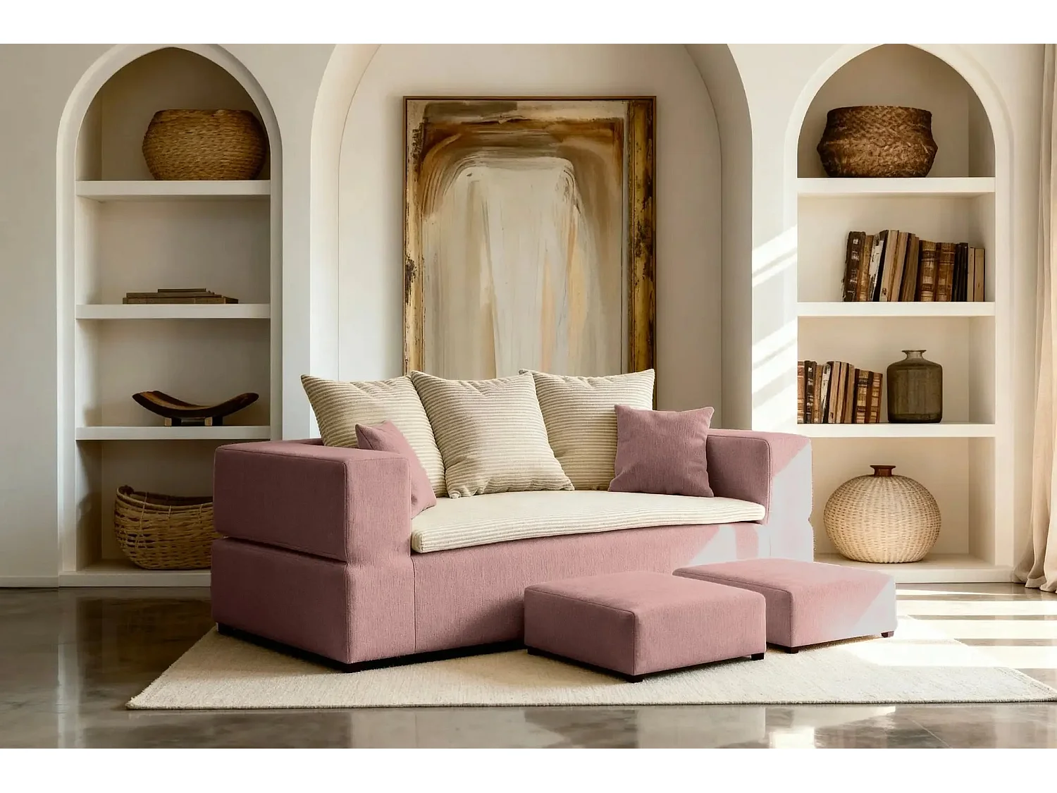 AMBRE - Canapé droit convertible bi matière avec deux poufs 4 places - Rose