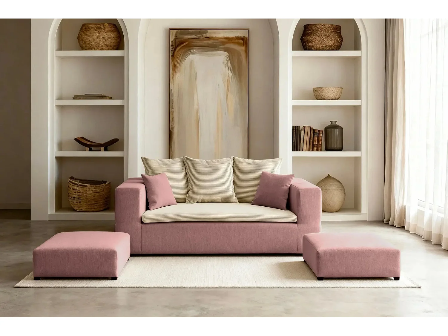 AMBRE - Canapé droit convertible bi matière avec deux poufs 4 places - Rose