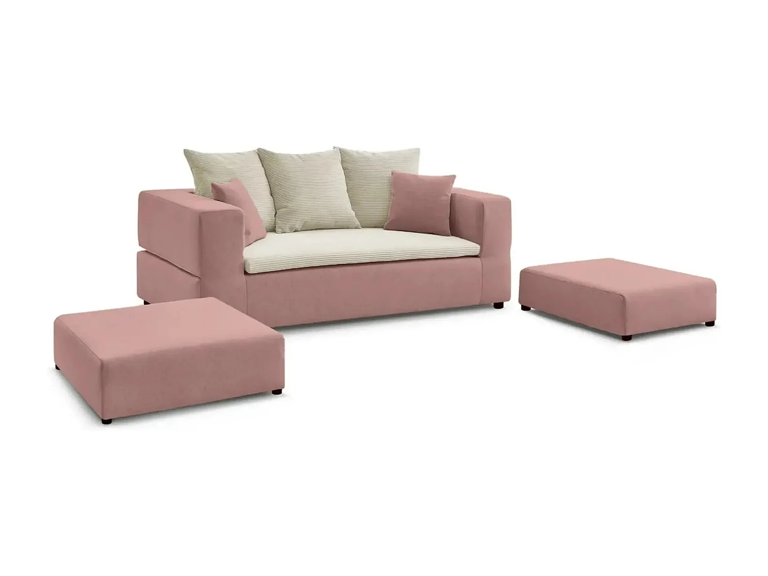 AMBRE - Canapé droit convertible bi matière avec deux poufs 4 places - Rose