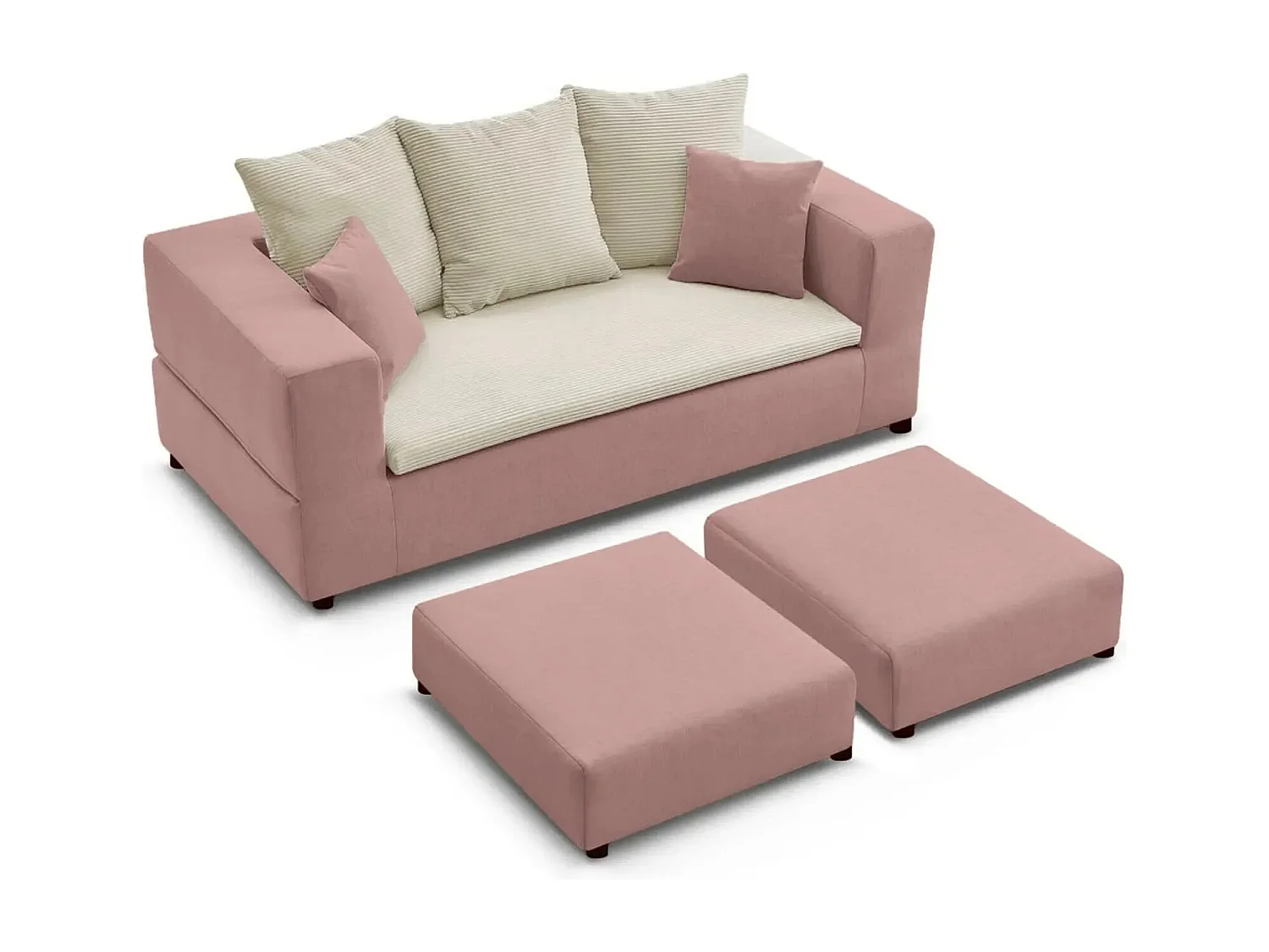 AMBRE - Canapé droit convertible bi matière avec deux poufs 4 places - Rose