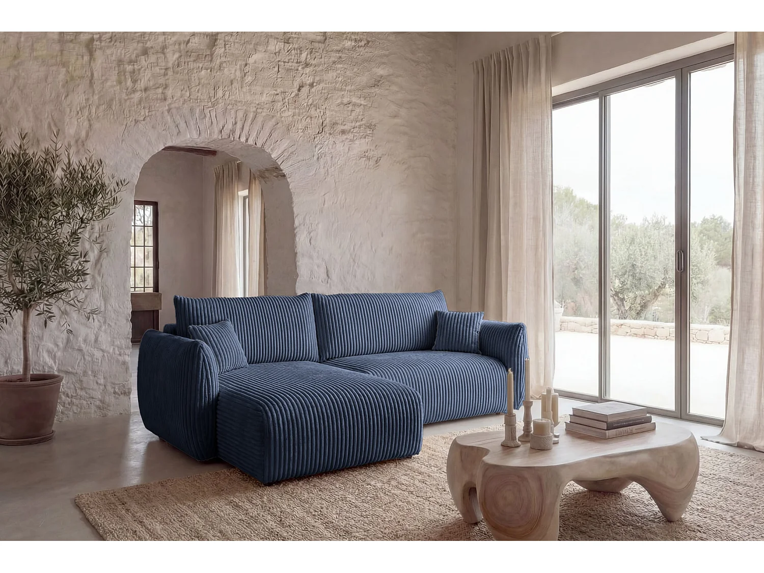 ELIO - Canapé d'angle convertible gros velours côtelé 4 places - Bleu