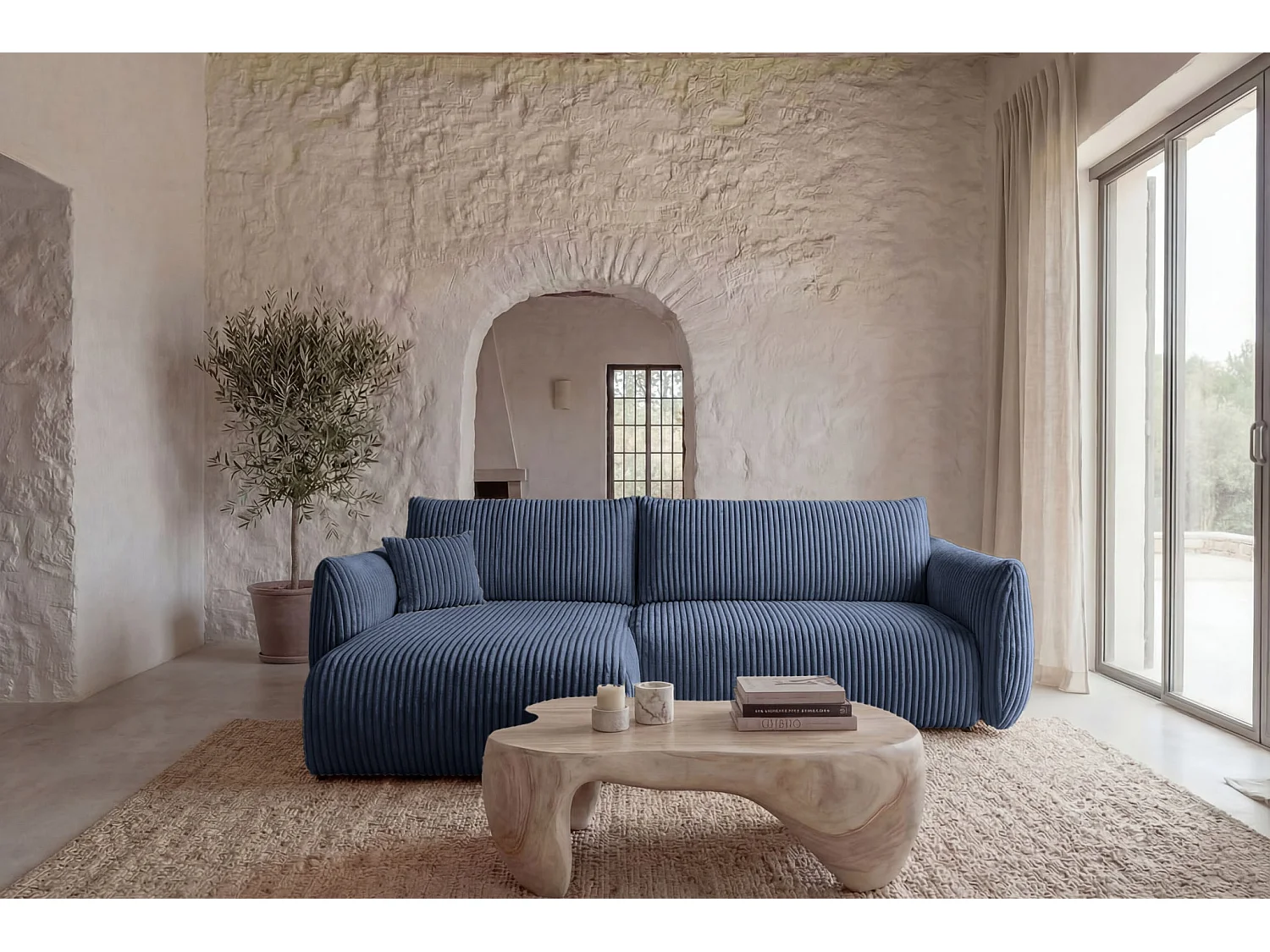 ELIO - Canapé d'angle convertible gros velours côtelé 4 places - Bleu