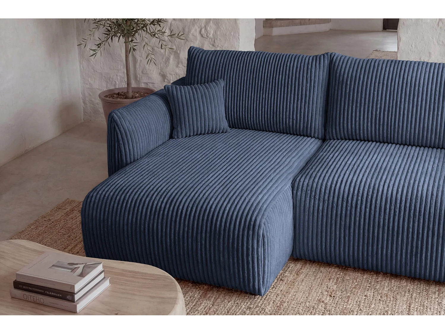 ELIO - Canapé d'angle convertible gros velours côtelé 4 places - Bleu