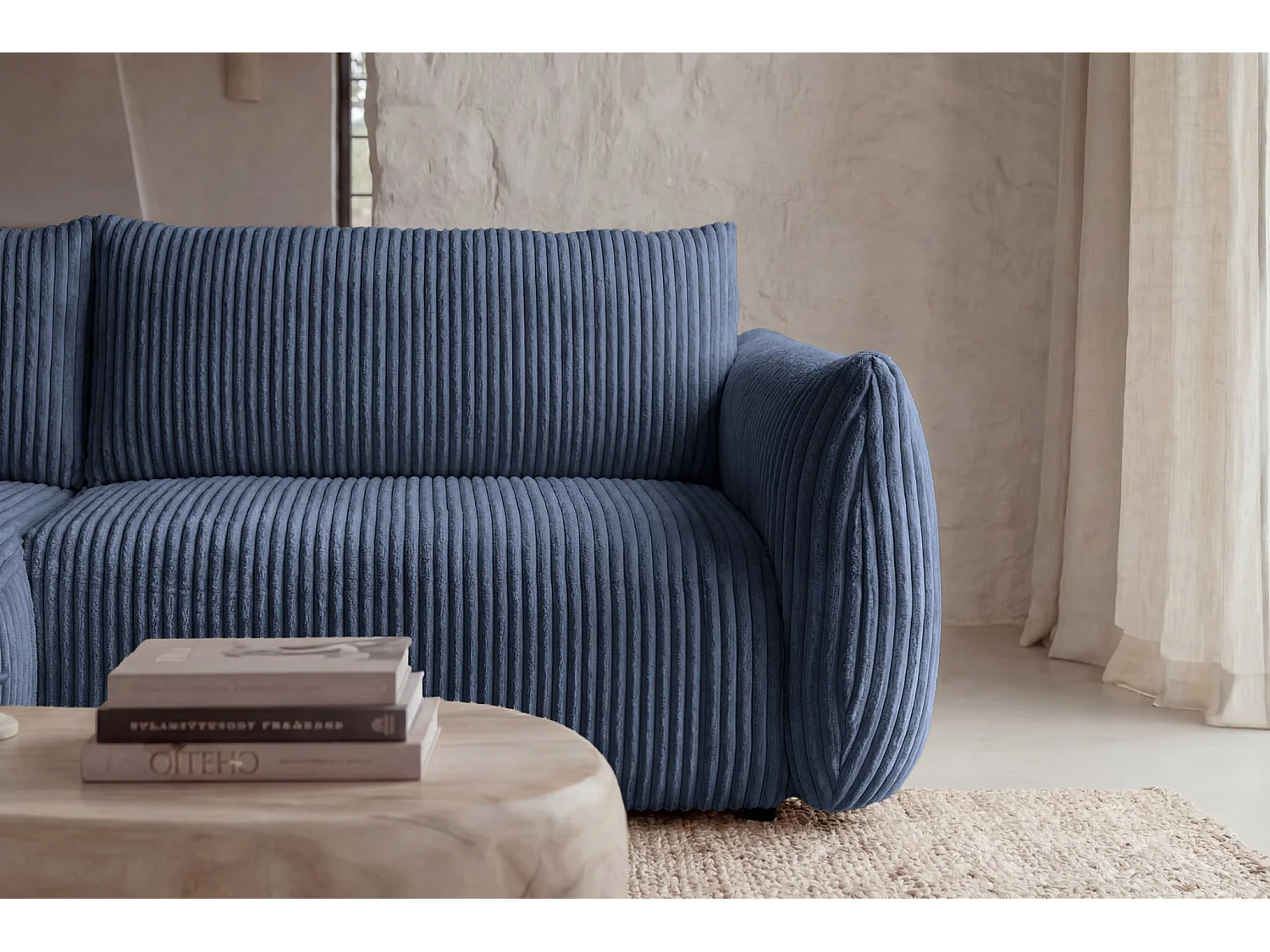 ELIO - Canapé d'angle convertible gros velours côtelé 4 places - Bleu